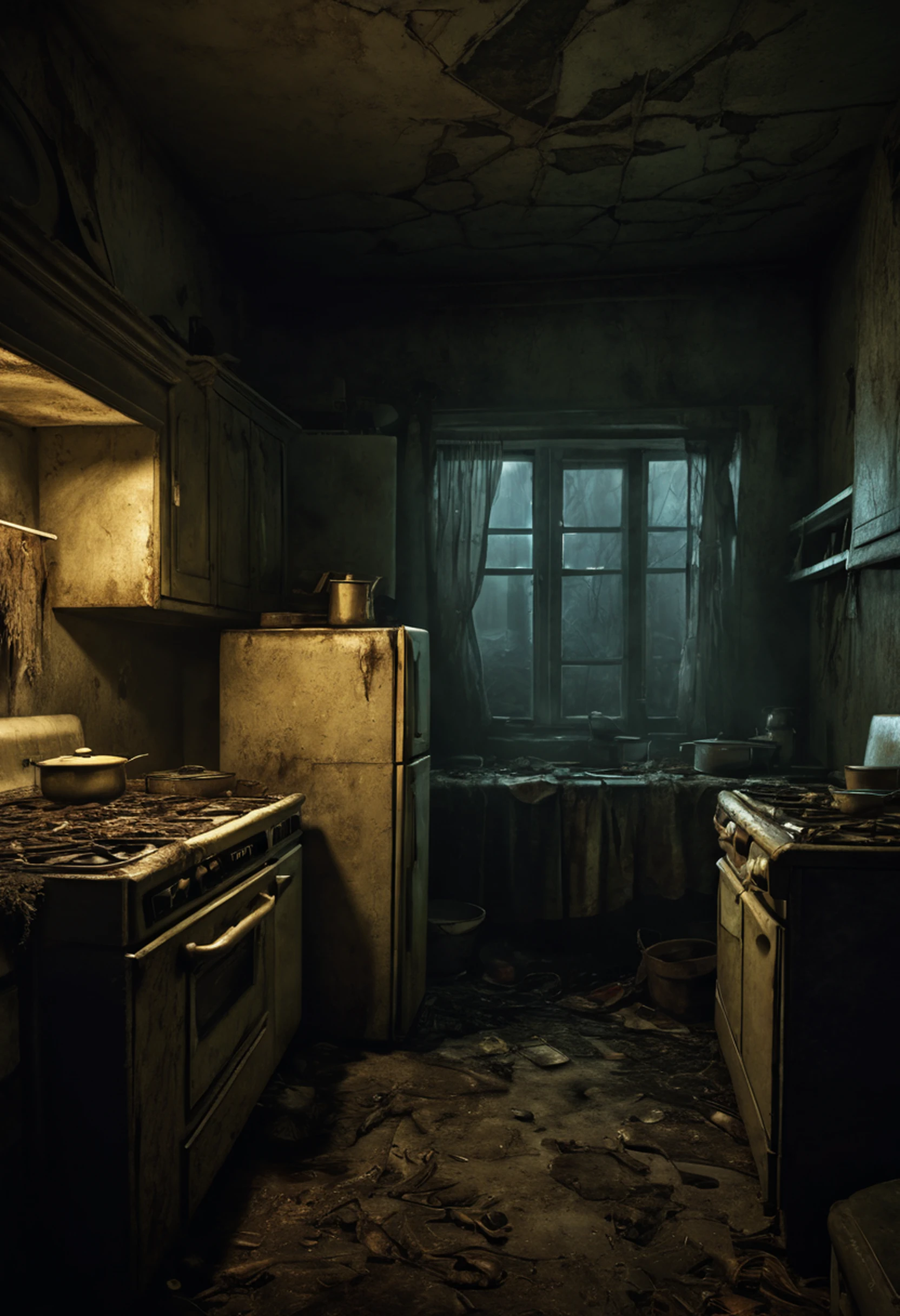 In a decrepit and abandoned kitchen, a collection of spooky, dilapidated appliances exude an eerie aura, their surfaces covered in a thick layer of dust and cobwebs. Meanwhile, at the dinner table, a group of zombies, their tattered clothing and vacant stares adding to the macabre scene, feast upon a ghastly meal. The flickering light from a lone candle casts haunting shadows across the room, adding to the spine-chilling atmosphere. The dynamic structure is evident as the spooky kitchen appliances and the zombies interact with the scene, creating a truly unsettling and hair-raising tableau that evokes a sense of dread and horror.