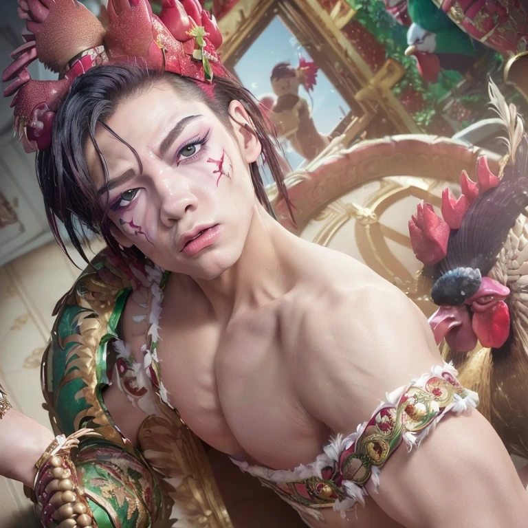 (8k, RAW photo, best quality, homoerotic, looking at viewer, face:1.5), (1boy, androgynous male, rooster king, nutcracker ballet:1.65)