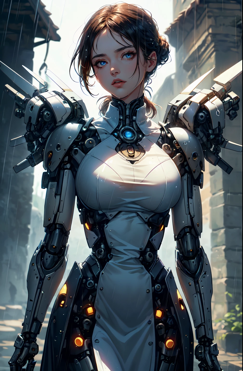 ((masterpiece)),(best quality), ((aristocrats 1girl android)), realmech, ((cinematic)), ambient occlusion, Nvidia ray tracing, dynamic:1.2, (absolutely eye-catching), (mechanical parts:1.3), rain:1.3, dynamic pose:1.3, makeup, (medieval:1.7), (elegant medieval dress), from below, beautiful eyes, shadows, (rain:1.2), (close shot:1.2), dark, high contrast, beautiful face