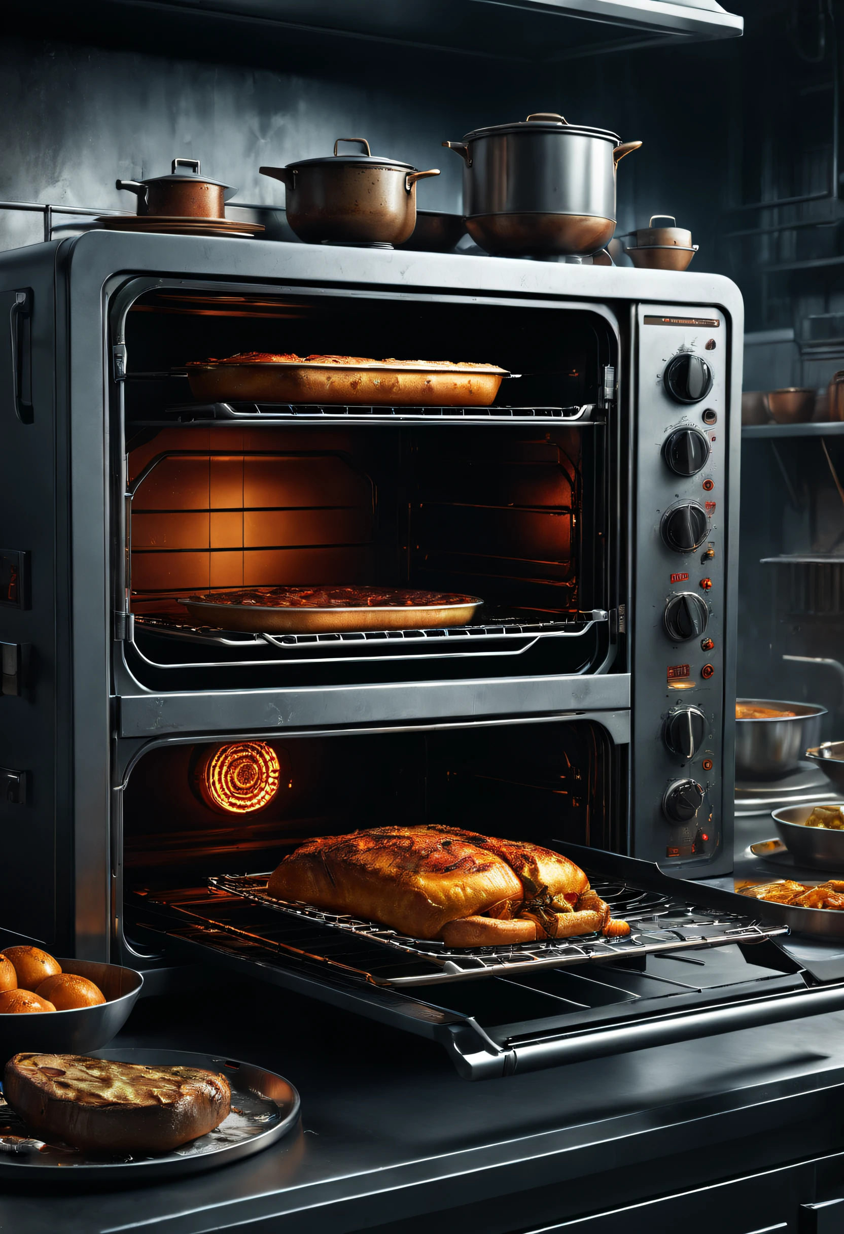 dennis ruston style，Creative product design，Very unified CG,（electric oven），Complicated details，
Background with：kitchen wasteland, sci fi art, ，Excellent，Excellent，hyper realisitc，Thriller，