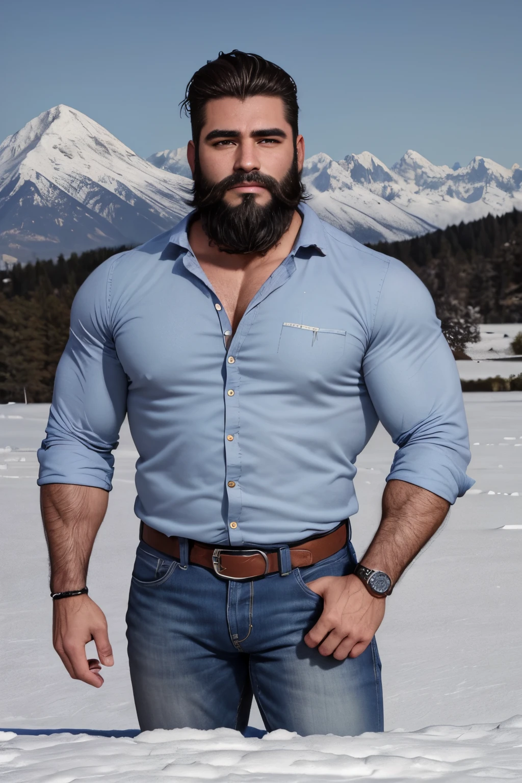 An illustration of a Greek god with a muscular build and a thick beard........, designed in modern western attire........ Tiene una chaqueta de mezclilla y jeans........, con el pelo deon una gorra. His expression is confident and charming........, con un atisbo de sonrisa. The setting is a snowy mountain......., evoking a classic cowboy vibe, sin dejar de mantener el aura poderosa y regia del dios.