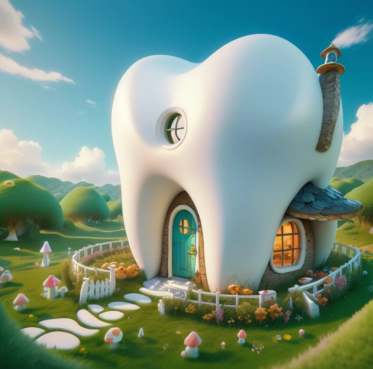 Close-up of the tooth house in the mushroom field, author：tooth wu, tooth, inspired by Tooth Wu, tooth wu : : Queksel giant scan, Roland Zilvinskis 3D Rendering Art, Alexander Kucharsky, 3 d epic illustrations, author：Radi Nedelchev, in a candy land style house, Surreal 3D illustration