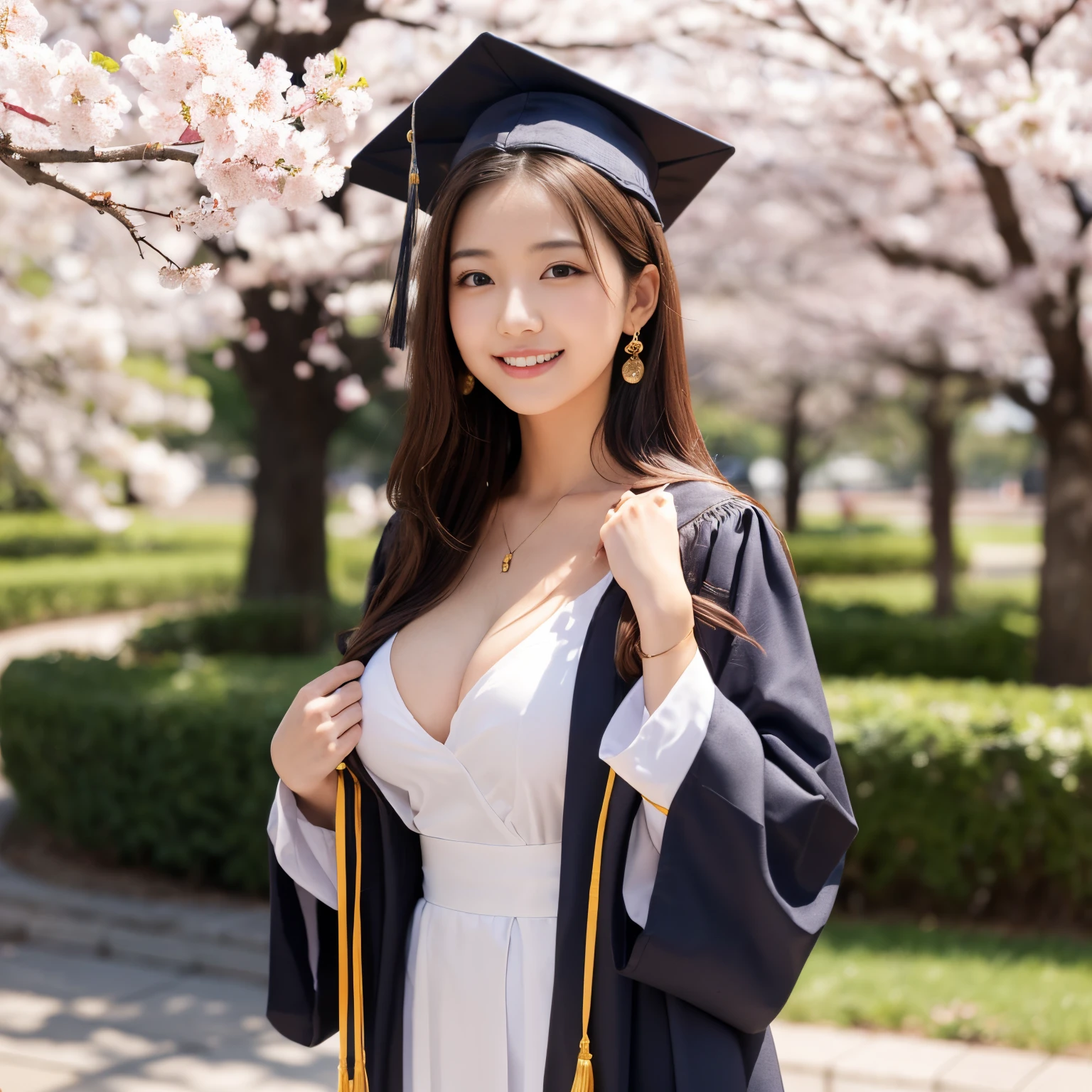 ((top-quality、masutepiece、8K、Top image quality、SFW))、(One photo:1.5)、((1 Beauty、Beauty 1 person、graduation ceremony、cherry blossom in full bloom、she graduates from university、A magnificent and majestic university entrance、perfect university、graduation robe、graduation costume、Cherry blossoms and a fine university))、cowboy shot、Look at me and smile、large full breasts、(perfect anatomia:1.2)