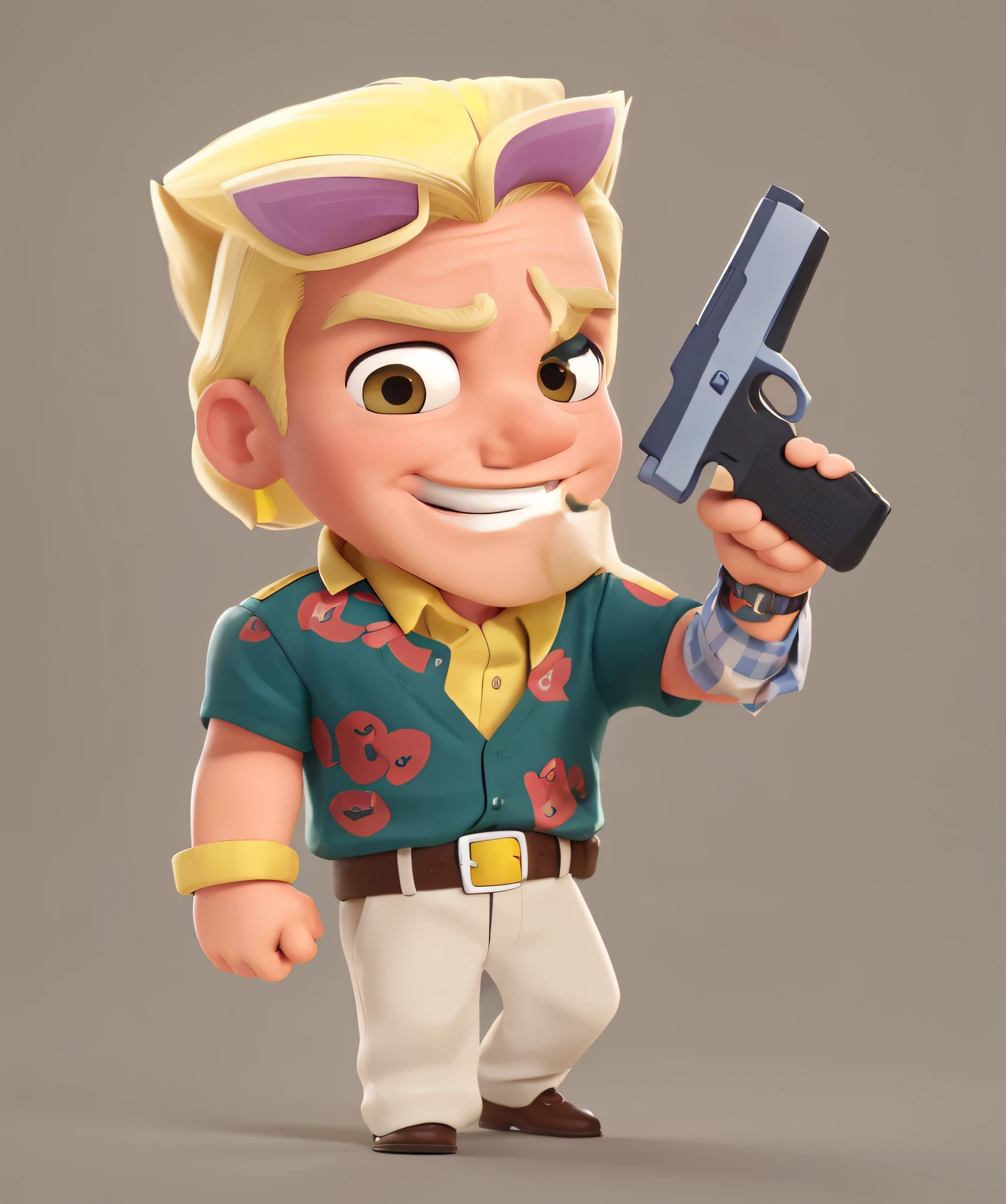 Cartoon of yellow-haired gangster holding pistol and changing shirt