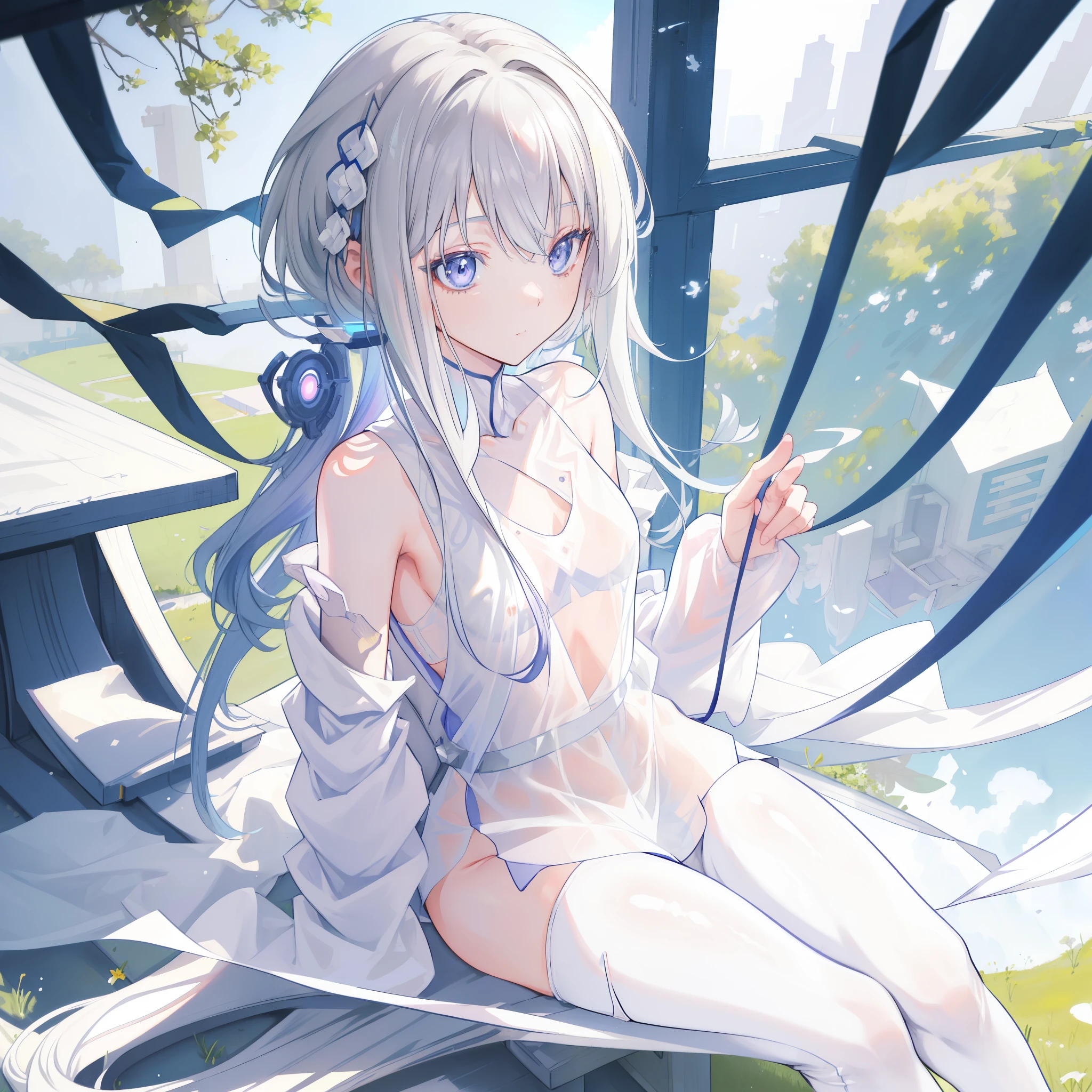 (A close up: 1.2) of an anime teen girl, ((sitting) on a (grassfield)), cinematic light, slim body, skin is perfectly white, soft, and smooth, Extremely delicate and beautiful CG illustration, best quality, high resolution, dynamic angle, full-length lens, (1 girl), floating, soft light, high-key lighting), glowing light, purple halo, blue crystal, (((wearing nothing but a white (pure:1.3) (transparent) tank top))), (cinematic sunlight), barefoot