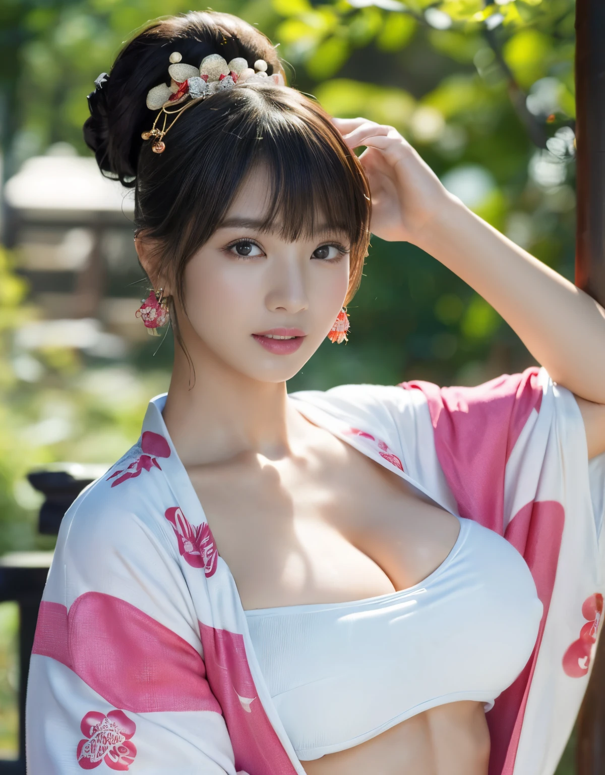 (top-quality、8K、32K、​masterpiece、超A high resolution、((maikurobikini)),(Colossal tits)、(((cleavage of the breast))),((extremely heavy breasts)),(Login Hair)、abdominals、the perfect body、(((Armpit))),((oiran woman)), Delicate facial features, Ultra-realistic, Hyper-realistic, 鎖骨、Shadow、octan render、Beautiful ass、(((Toostock))),((maikurobikini)),((Wear a beautiful kimono with a high degree of exposure)),hyperdetailed face、Detailed lips、finely eye、二重まぶた、(((Toostock))),(魅惑的)、((agitation:1.5))、maikurobikini、((Navel))、Mystical expression、shrine background、Old Town of Japan、((heavy breasts)),Toostock、mecosuji、Kimono with colorful floral pattern、highcontrast、(((Brightly colored kimono))),heavy breasts、((a navel)).((Take a variety of sexy poses)),flicker、Kimono comes off、Natural light、cyan colors、（A person who sees with calm and goddess-like eyes）Happiness:1.2)、Highly exposed、Beautiful ass、(((Toostock))),