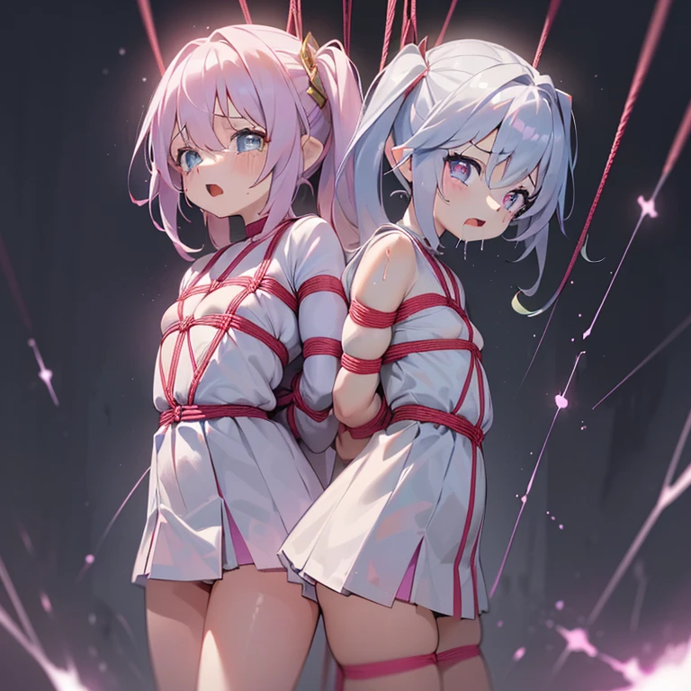 masterpiece, best quality,anime style, 1 girl,(((slender body))), (((small breast))),(((tennis uniform))),(((red tentacles bound the girl))), ((((restrained, arms behind back)))),((((cum)))), (beautiful face), (((short twintail))), (((straight hair))), ((((silver hair)))),detailed beautiful skin, (perfect hands, perfect anatomy)