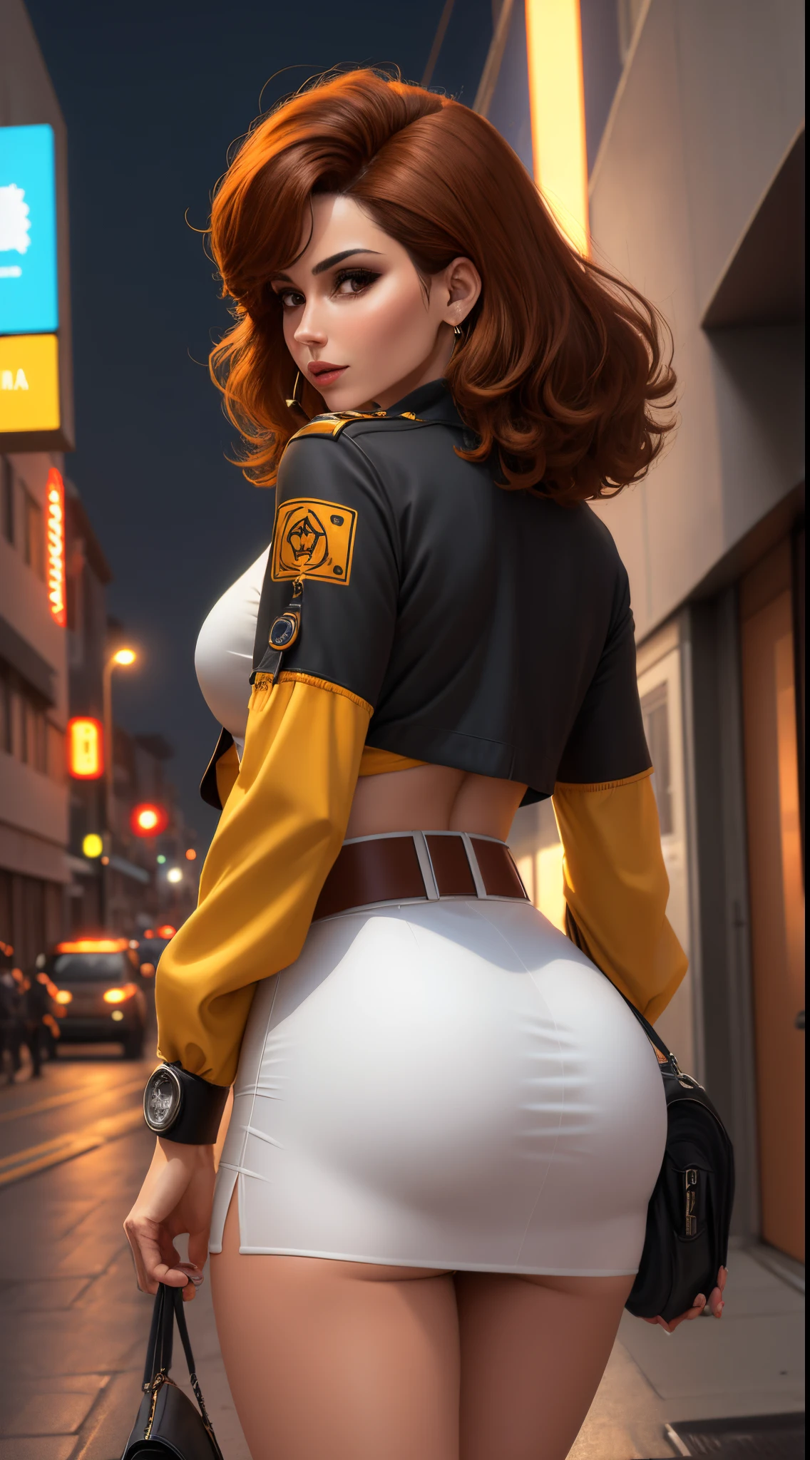motor irreal:1.4,UHD,La mejor calidad:1.4, fotorrealista:1.4, textura de la piel:1.4, obra maestra:1.8,posing from behind Abril O'Neil waifu, 1980s \(estilo\), 1 mujer, brown hair, Pelo rojo,pelo corto,cabello naranja,expresion seria, expresion preocupada, Estilo de arte retro, pelo corto, solamente, mujer reportera television, traje de jersey amarillo, white belt,traje de jersey en las caderas amarillo, (desnudo_senos: 1.2), Medio_senos, escote, ojos hiperrealistas, Hermosos ojos,ojos detallados, cara realista, mujer bella mujer, fondo realista,Calle urbana, Luces nocturnas de la calle cyberpunk, Amazing lights, amazing background, tv reporter