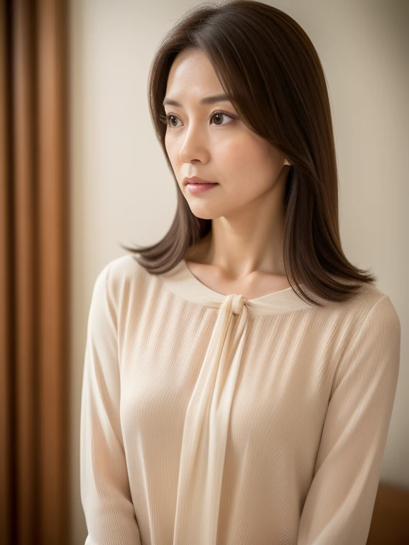 masuter piece, top-quality, masterpiece, hight resolution, Photorealsitic, Raw photography, 8k wallpaper, flawless, profetional lighting, ighly detailed, depth of fields, ((One beautiful woman)), ((40 years)), Female sexy, hotels room, ((blouse, underpants)), Detailed face, beautidful eyes, bangss, small breasts of good shape, Light Brown Straight Hair, Faint lips, ((Stand facing forward and look into the viewer's eyes with a serious face.)), knee out of frame,