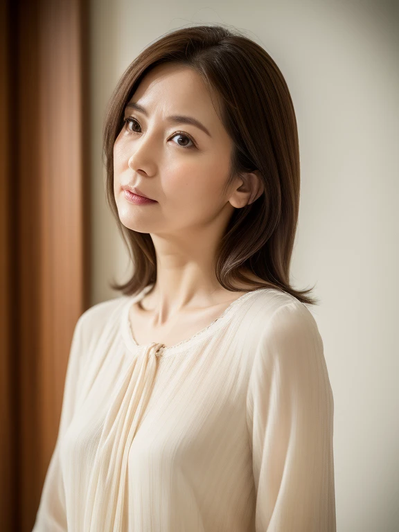 masuter piece, top-quality, masterpiece, hight resolution, Photorealsitic, Raw photography, 8k wallpaper, flawless, profetional lighting, ighly detailed, depth of fields,Pale solid color background, ((Japanese mature woman in her 30s)), chubby figure, Female sexy, Detailed face, beautidful eyes, bangss, large full breasts, Straight light brown hair that reaches to the shoulders, Faint lips, ((stand facing the center of the screen, Staring at the viewer, Serious face)),Business Wear, foot out of frame, Looking at Viewer, cowboy shot