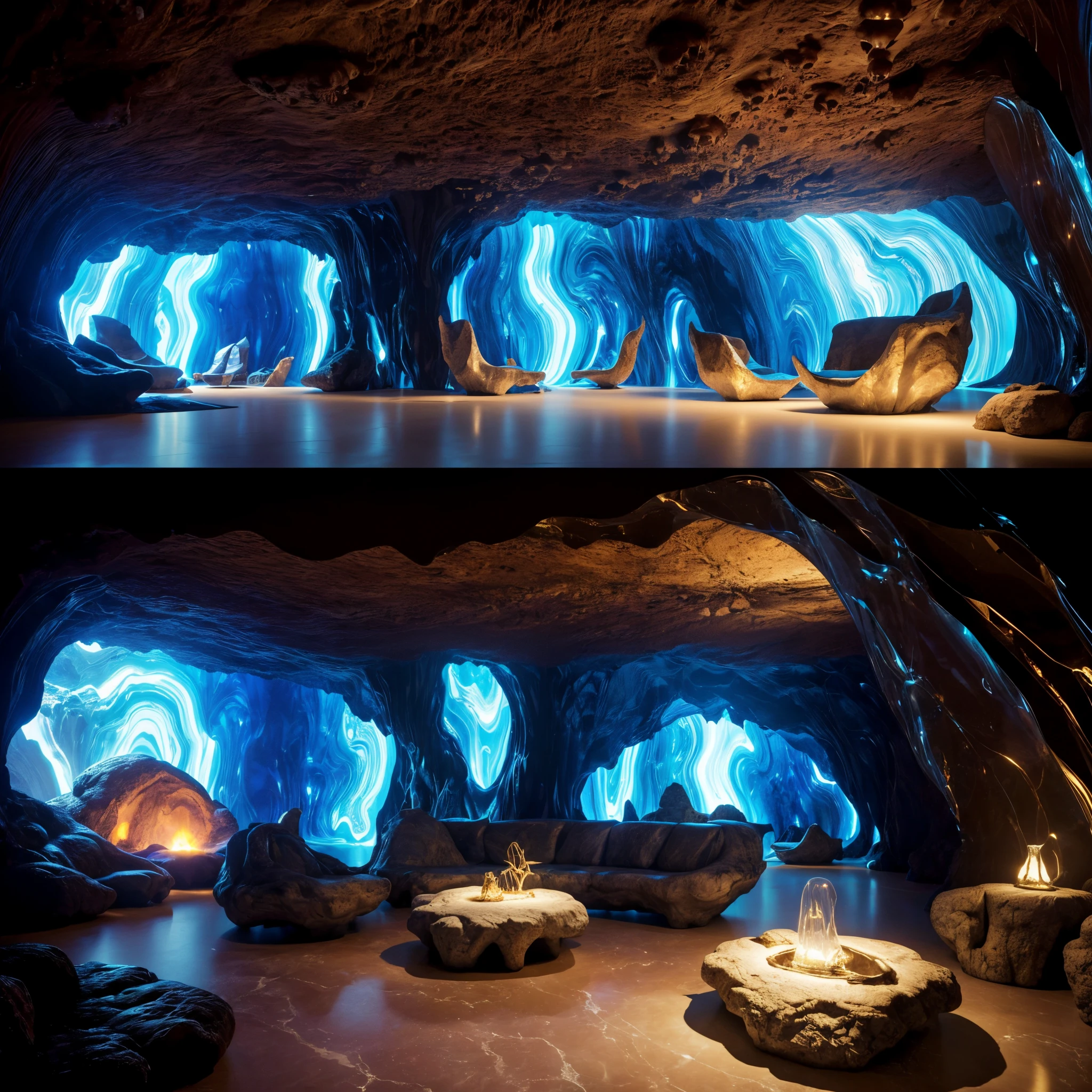 there is a large couch and a table in a room, maximalist sculpted design, ambient cave lighting, cave glowing stones, futuristic decoration, futuristic looking living room, inside of an expansive cave, made of liquid metal and marble, caves, conversation pit, cave, cave setting, futuristic decor, inside of a cave, surreal sci fi set design, inside a cave