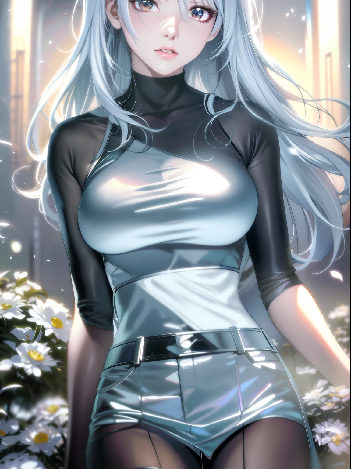 Anime girl with long white hair and black top posing in front of flowers, Tifa Lockhart white hair, perfect white hair girl, seductive anime girls, smooth anime cg art, beautiful attractive anime woman, white-haired god, Girl with white hair, attractive anime girls, White hair, Realistic anime art style, The animation is rich in details, detailed digital anime art