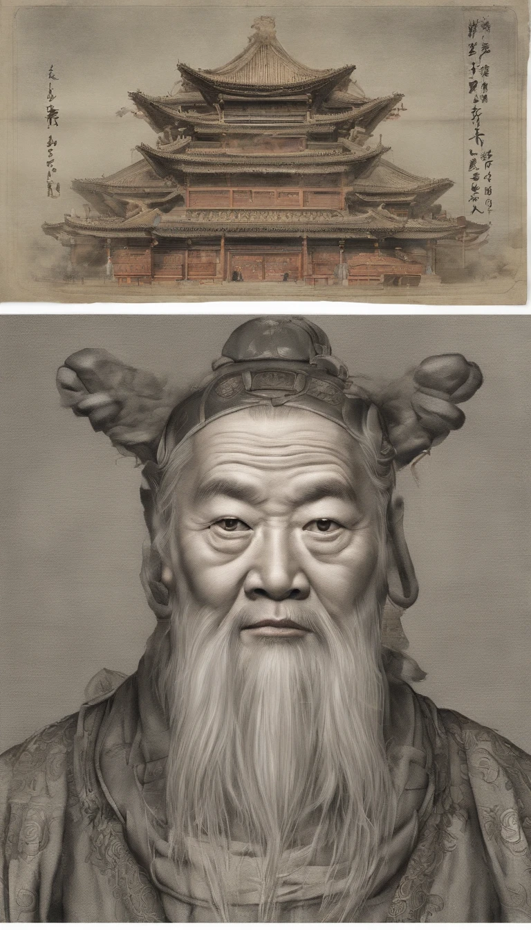 Old Man of the East,Frontal portrait of ancient Chinese figures(Portrait of Confucius 1.0),Audience visual inspection(facing at the camera),White haired man,hair-bun,no headwear,hair tying up。yellow clothing。solid color backdrop(Drawing paper texture 1.5)。真实感。hyper HD, retinas, tmasterpiece, Acura, Anatomically correct, Award-Awarded, high high quality, high detal, super detailing, ctextured skin, Best quality, A high resolution,k hd, 4K, 8K, 16k。