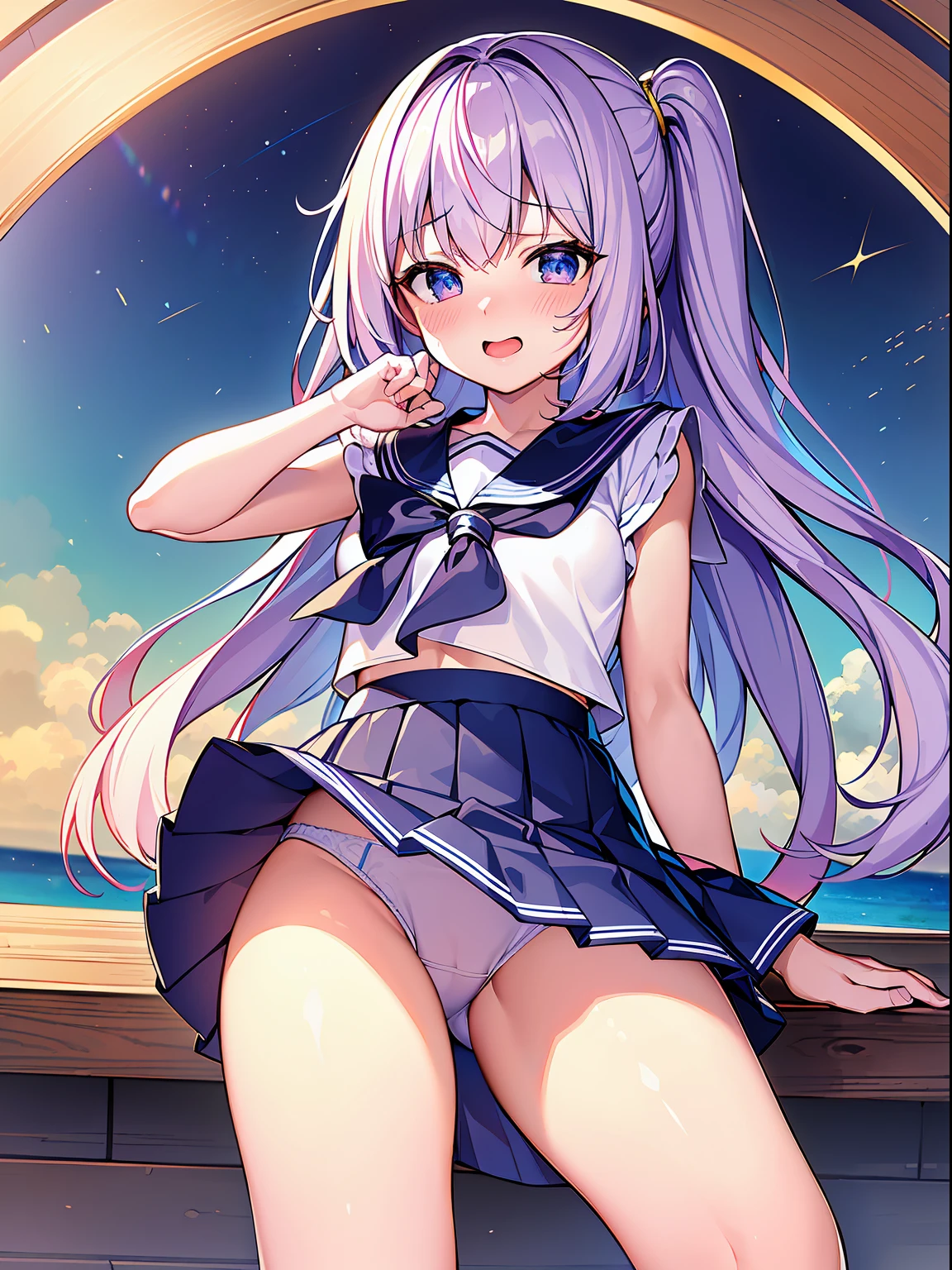 (masterpiece:1.2), best quality, highres, original, (extremely detailed:1.2), ultra-detailed, wallpaper, perfect lighting,(extremely detailed CG:1.2), 8k, anime illustration, 1girl, solo, (rainbow hair, open the mouth, happy, embarrassed, sailor clothes, sailor collar, blue pleated skirt:1.24), (pantyshot, {delicate|detailed}panties:1.34), (squat down:1.15), outdoor, unity 4K