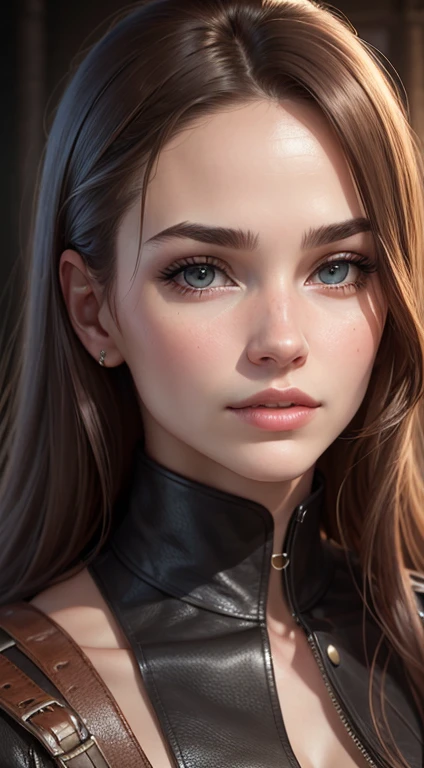 Portrait of a beautiful woman, ideal female face, quality (photorealistic style, UHD, 16k, textured leather, high resolution)