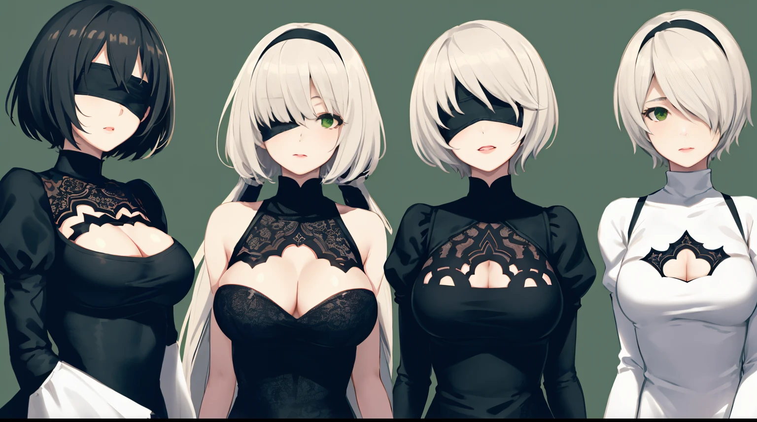 Yoha No. 2 Type B，1girl，wlop，（Blindfolded），nedium breasts，cleavage，cleavage cutout，clothing cutout，Green background，Hair between both eyes，shairband，A high resolution，Juliet sleeves，longer sleeves，nier（series），nier automata，Fluffy sleeves，Redlip，shaded face，short detailed hair，独奏，high-necksweater，full bodyesbian，whaite hair，Skysky