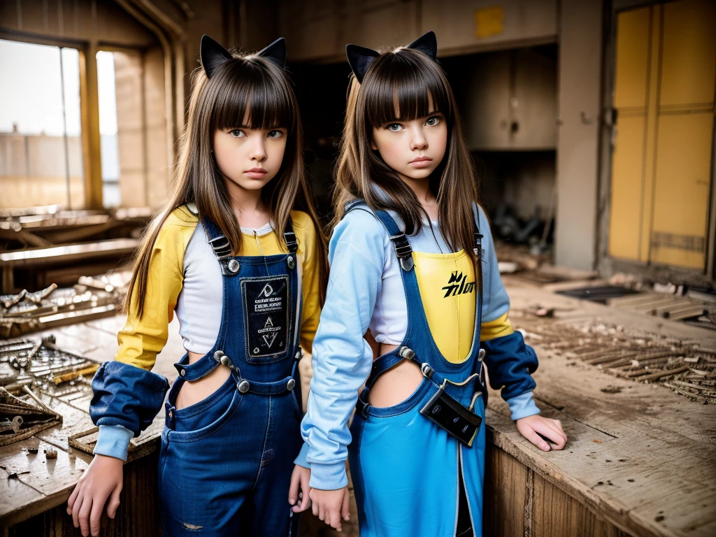 two 13 year old girls, dressed in cyberpunk overalls, one piece suits, light blue and yellow, with patches with radioactive emblems, in a apocalyptic ruin with guns next to them, cyberpunk helmets next to them, wearing Cat ears