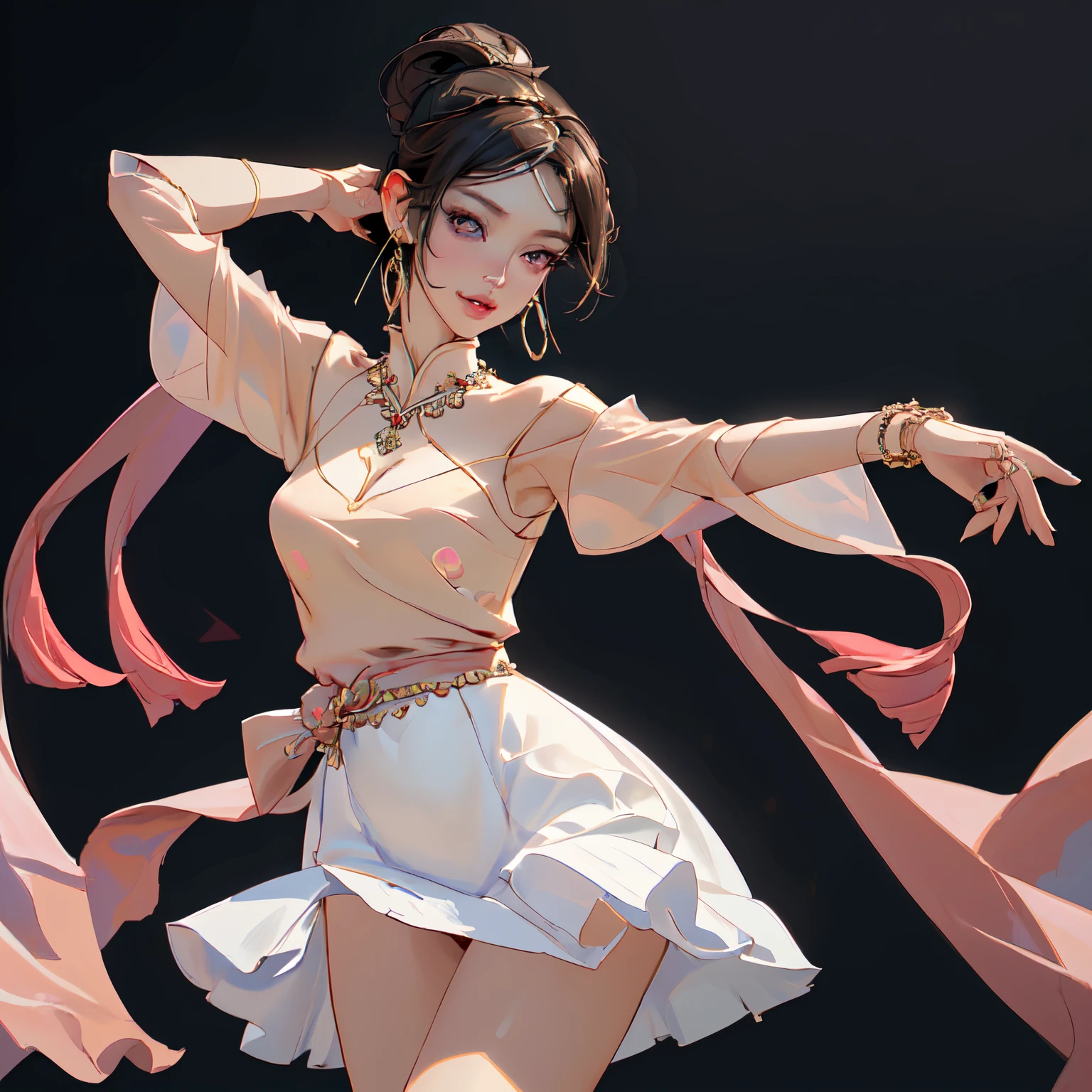 Best Quality, Masterpiece, High definition Niji style, 1girl,Chinese dress,hair ornament,necklace, Jewelry,beatiful face,UPON_body, Tyndall effect,Photorealistic, dark studio, rim lighting, dual tone lighting,(high skin detail:1.2), 8K UHD, dslr, soft-lighting, hiquality, voluminous lighting, candid, a photo of a, High Resolution, 4k, 8K, bokeh, The environment is blurry and elegant, Model, High contrast required, jewels, earings, Upskirt, Shirt, jacket, brown hair, white shirt, A bracelet, hair bun, single hair bun, long skirt, closed mouth, Hoop earrings, blue jacket, sleeves rolled up, Revealing clothes, makeup, white skirt, Detailed hair, very detailed eyes, 3DDM