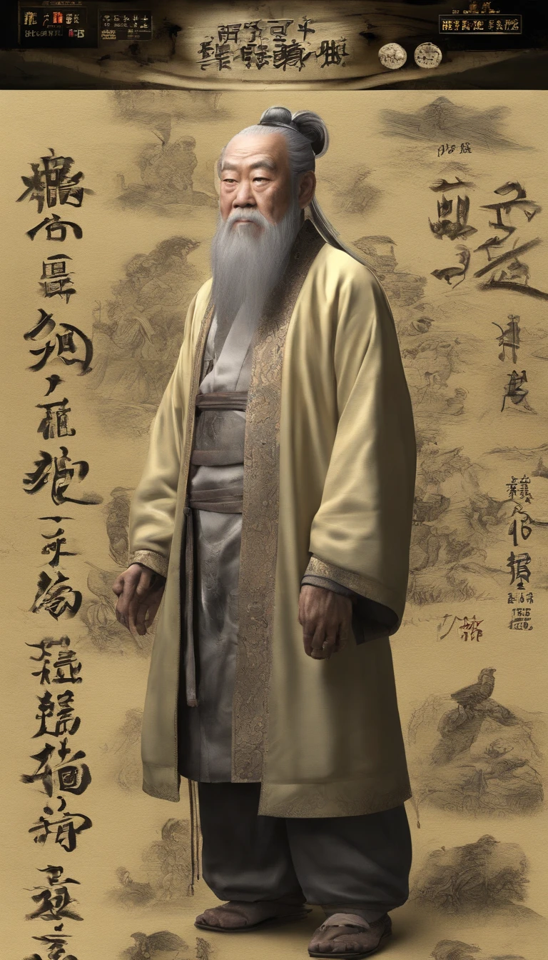 Old Man of the East,Frontal portrait of ancient Chinese figures(Portrait of Confucius 1.0),half-body portrait,Audience visual inspection(facing at the camera),White haired man,hair-bun,no headwear,hair tying up。yellow clothing。solid color backdrop(Drawing paper texture 1.5)。真实感。hyper HD, retinas, tmasterpiece, Acura, Anatomically correct, Award-Awarded, high high quality, high detal, super detailing, ctextured skin, Best quality at best, A high resolution,k hd, 4K, 8K, 16k。