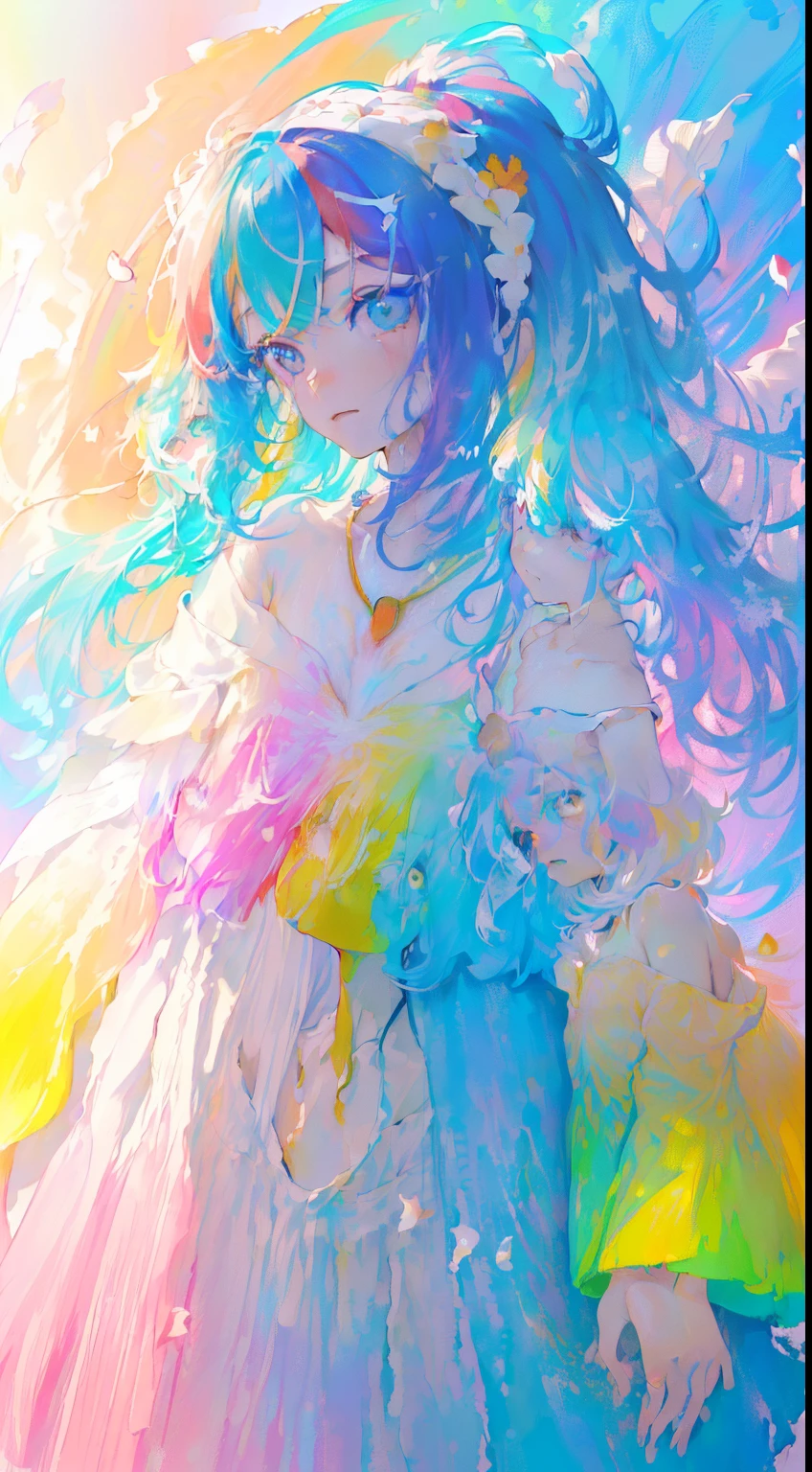 (colored hair: 1.8), (all the colors of the rainbow: 1.8),(((((vertical painting:1.6))), (Painting:1.6),front, Comics, illustrations, Painting, big eyes , crystal clear eyes,(Rainbow Color Gradient High Ponytail:1.7), exquisite makeup, closed mouth,(Small fresh: 1.5),(Clear chest: 1.6) ,long eyelashes, off-the-shoulder white t-shirt, off-the-shoulder white shirt, look at the audience, big watery eyes, (Rainbow colored hair:1.6), splashes of color, (alone:1.8), splashes of color, Color Explosion, thick painting style, messy lines, ((splendid)) ,(colorful), (colorful), (colorful), colorful, thick painting style, (splatter) (color splashes), vertical painting, upper body, paint splashes, acrylic pigment, gradient, paint, more high image quality, Very high quality, masutepiece, alone, depth of field, face painting, colorful clothes, (elegant: 1.2), very beautiful, long hair, wind, (elegant: 1.3), (flower petals: 1.4),( ((masutepiece))),(((best quality))),((ultra-detailed)),(illustration),(dynamic angle),((floating)),(paint),((disheveled hair)) ,(alone),(1girl in) , (((Detailed animated face))),((beautiful detailed face)),necklace,bare shoulders,white hair,((colored hair)),((striated hair)), beautiful detailed eyes,(gradient color eyes),(((colorful eyes))),(((colorful background))),(((high color saturation))),(((surrounded by colorful splashes))) ,