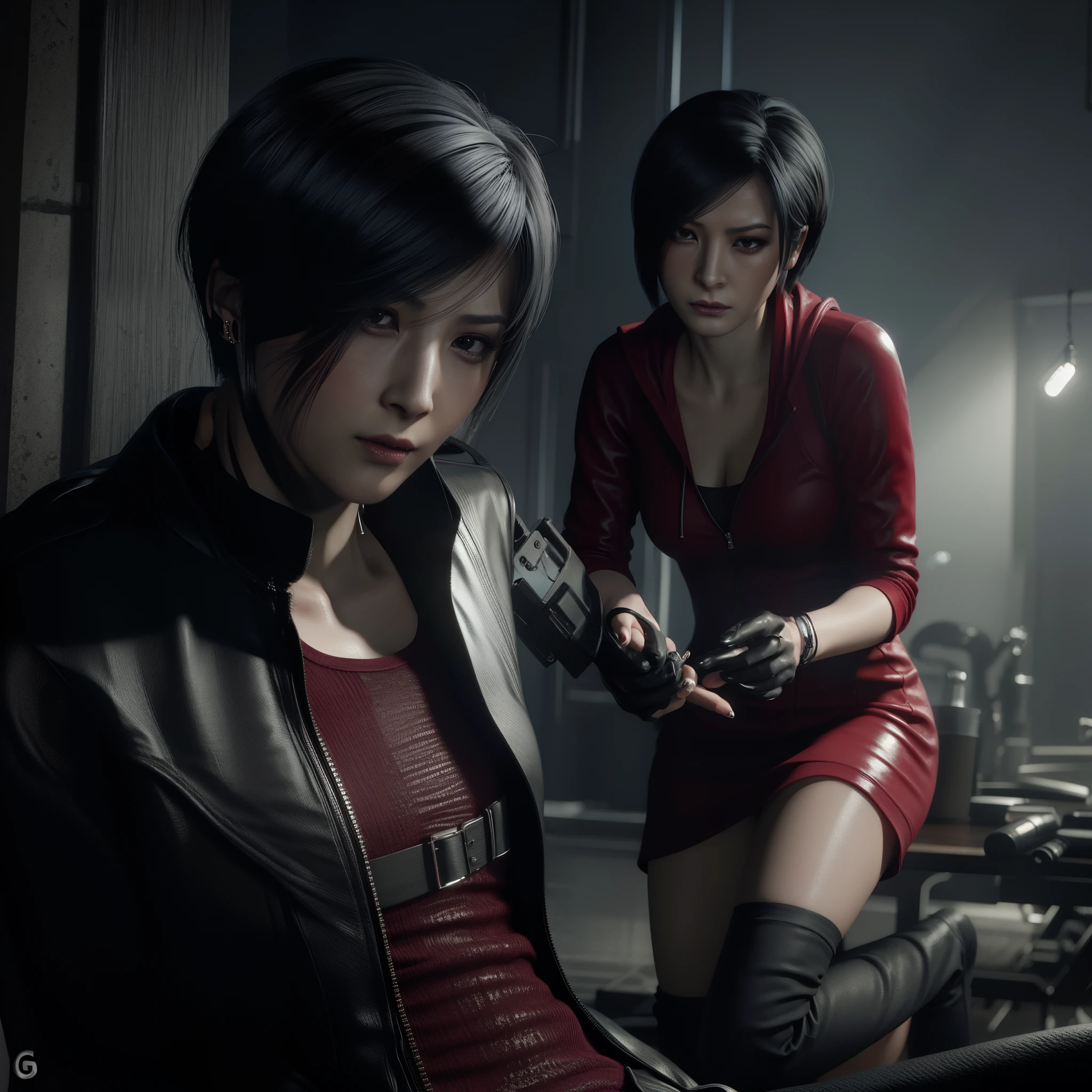 Ada wong ,Woman, wearing mini red dress with hoody, bob hair, Wearing Earrings, black nail polish, glare, sad expression, glaze eyes