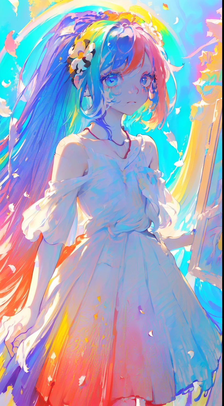 (colored hair: 1.8), (all the colors of the rainbow: 1.8),(((((vertical painting:1.6))), (Painting:1.6),front, Comics, illustrations, Painting, big eyes , crystal clear eyes,(Rainbow Color Gradient High Ponytail:1.7), exquisite makeup, closed mouth,(Small fresh: 1.5),(Clear chest: 1.6) ,long eyelashes, off-the-shoulder white t-shirt, off-the-shoulder white shirt, look at the audience, big watery eyes, (Rainbow colored hair:1.6), splashes of color, (alone:1.8), splashes of color, Color Explosion, thick painting style, messy lines, ((splendid)) ,(colorful), (colorful), (colorful), colorful, thick painting style, (splatter) (color splashes), vertical painting, upper body, paint splashes, acrylic pigment, gradient, paint, more high image quality, Very high quality, masutepiece, alone, depth of field, face painting, colorful clothes, (elegant: 1.2), very beautiful, long hair, wind, (elegant: 1.3), (flower petals: 1.4),( ((masutepiece))),(((best quality))),((ultra-detailed)),(illustration),(dynamic angle),((floating)),(paint),((disheveled hair)) ,(alone),(1girl in) , (((Detailed animated face))),((beautiful detailed face)),necklace,bare shoulders,white hair,((colored hair)),((striated hair)), beautiful detailed eyes,(gradient color eyes),(((colorful eyes))),(((colorful background))),(((high color saturation))),(((surrounded by colorful splashes))) ,