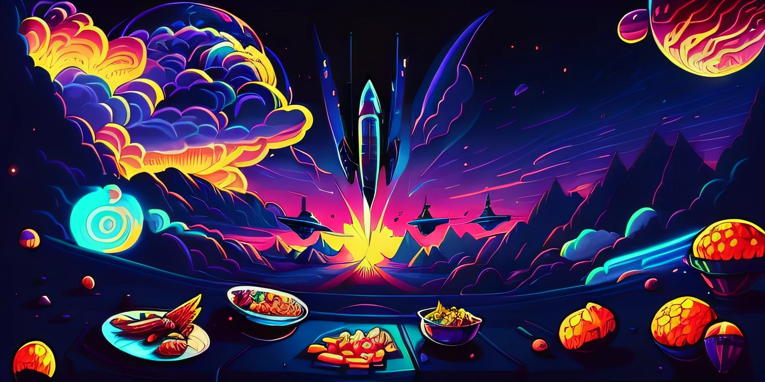 A cartoon image of a spaceship flying over a table of food, Amazing food illustration, A beautiful artistic illustration, Game illustration, background artwork, mobile game background, Stylized digital illustration, food particles, detailed 2d illustration, conceptual drawing, game background, 2D illustration, 2D illustration, Japanese Fusion Cuisine, 4 k hd illustrative wallpaper