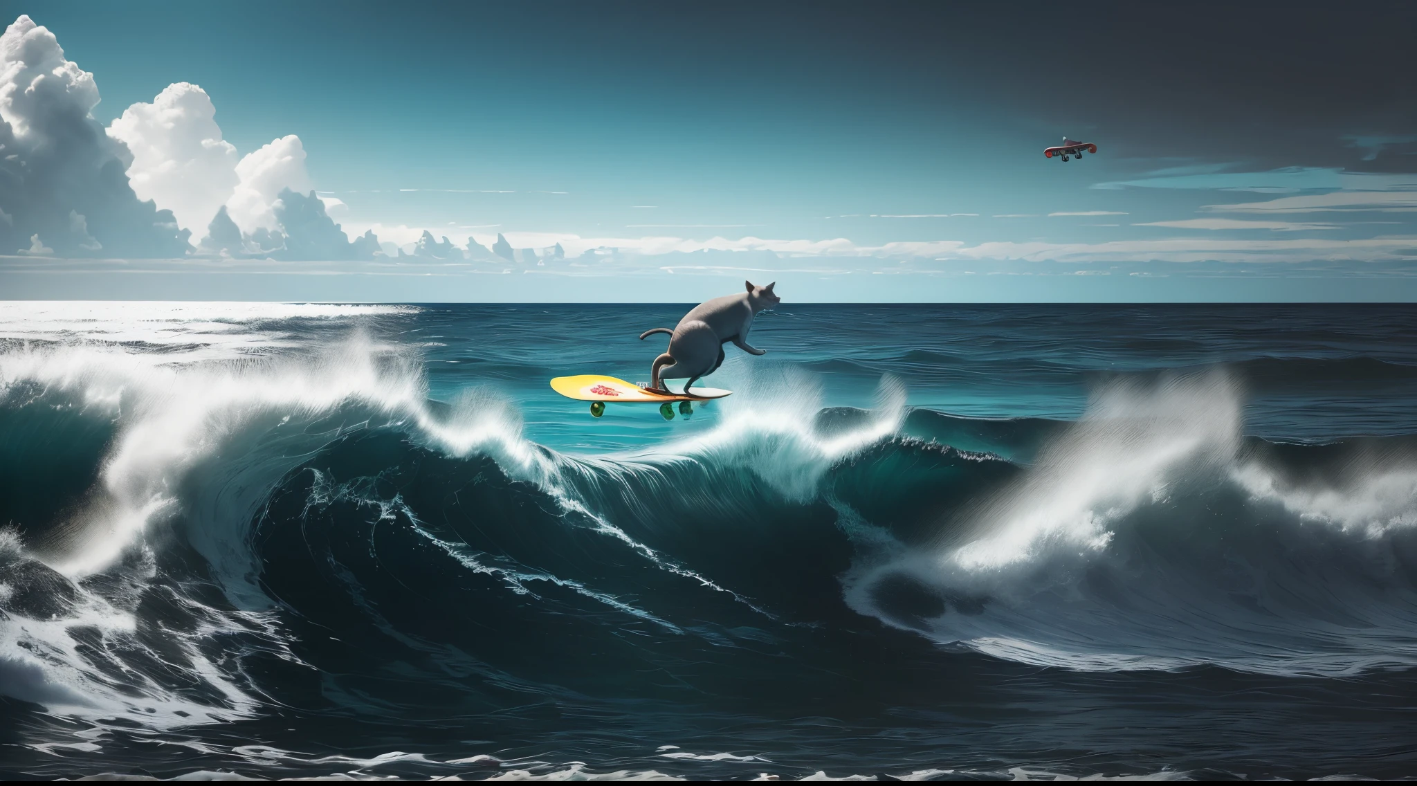 Dope ass rat on a skateboard in the ocean with wild animals escaping bombs