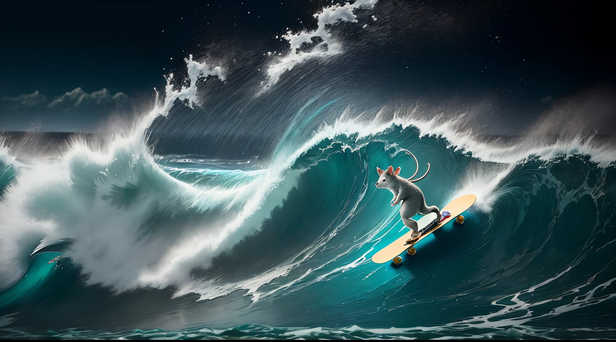 Dope ass rat on a skateboard in the ocean with wild animals escaping bombs