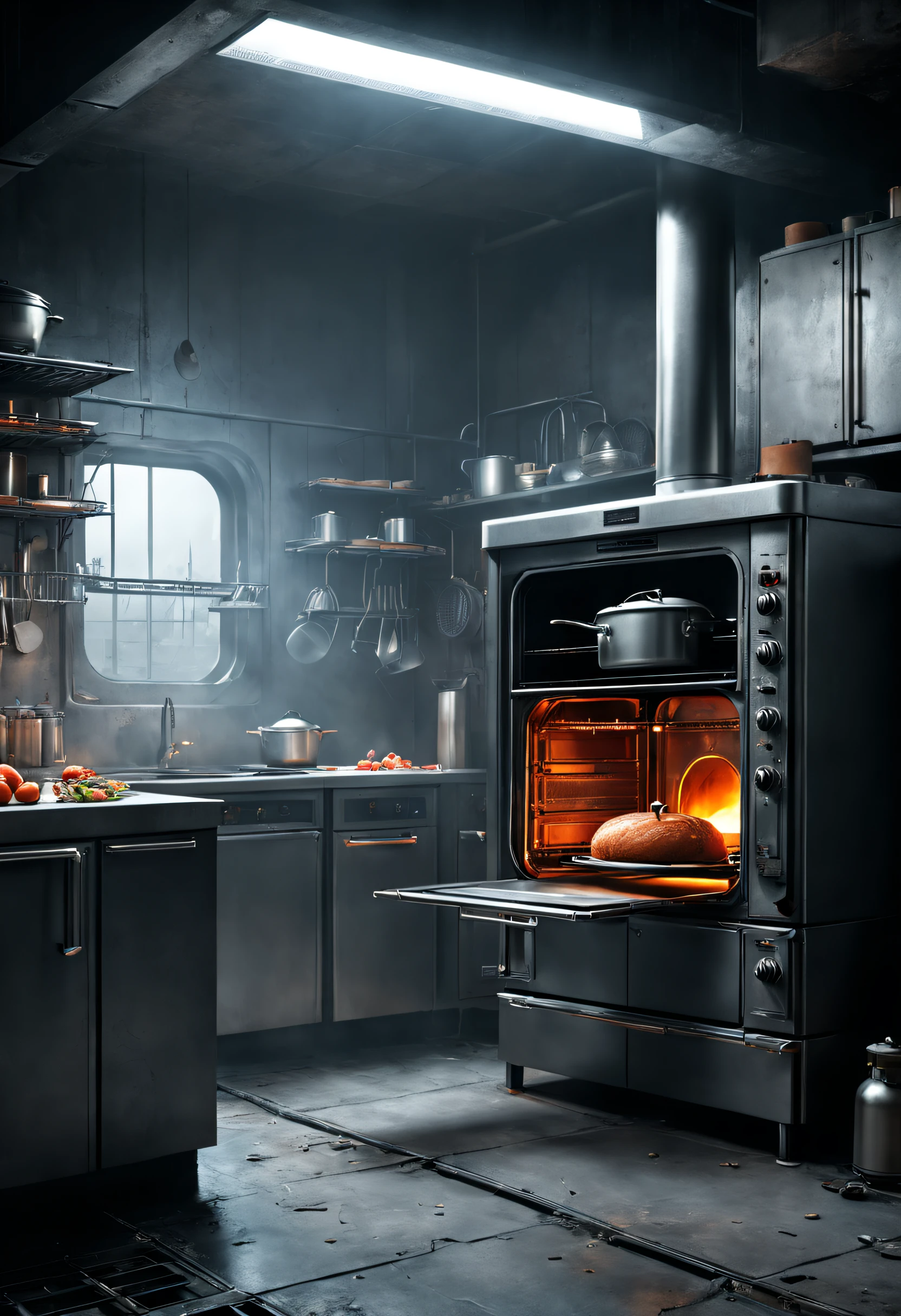 dennis ruston style，Creative product design，Very unified CG,（Bat electric oven），Complicated details，
Background with：kitchen wasteland, sci fi art, ，Excellent，Excellent，hyper realisitc，Thriller，