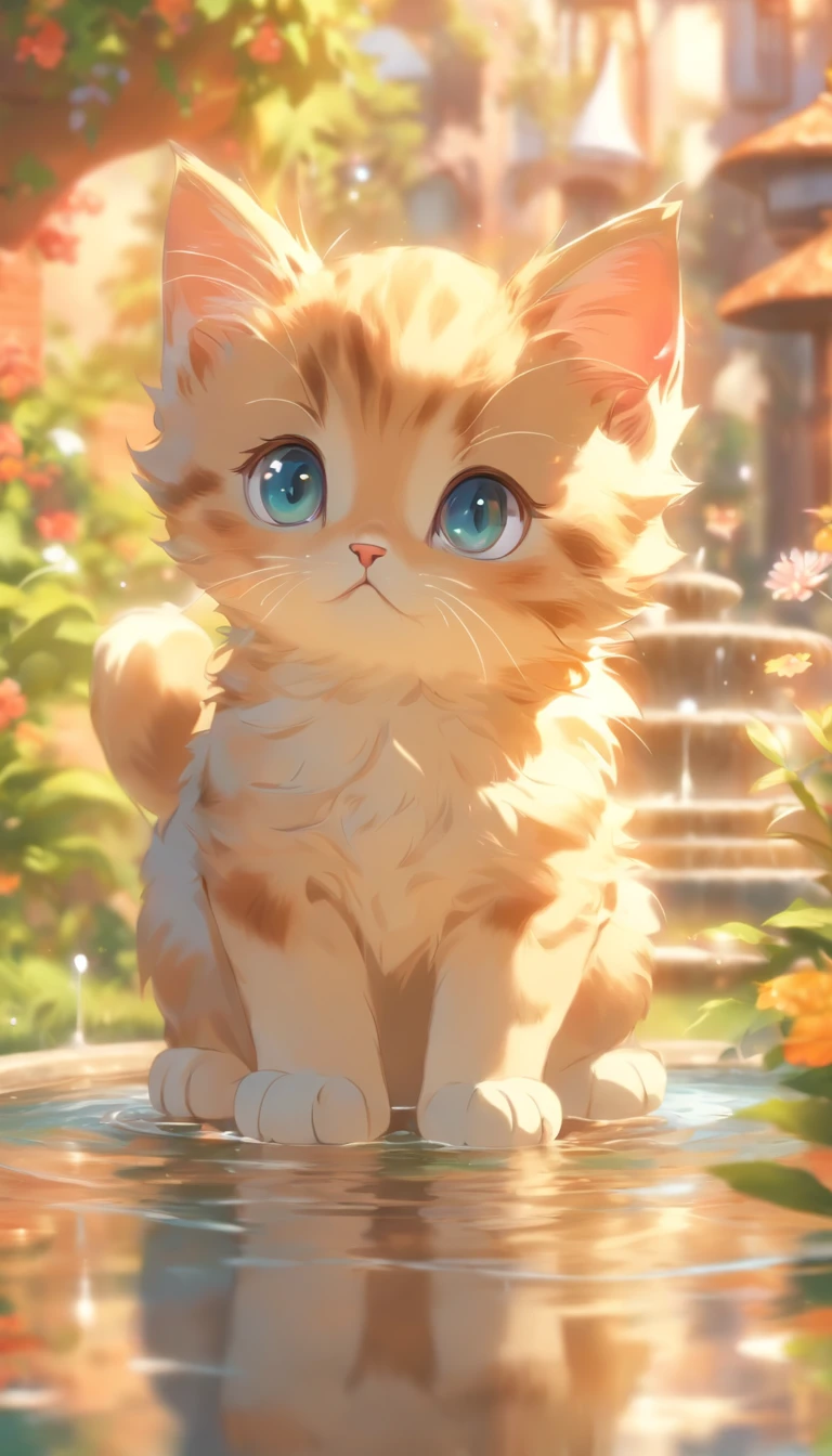 a round-eyed cute kitten, Garden fountain, , Distant houses, mirror effect