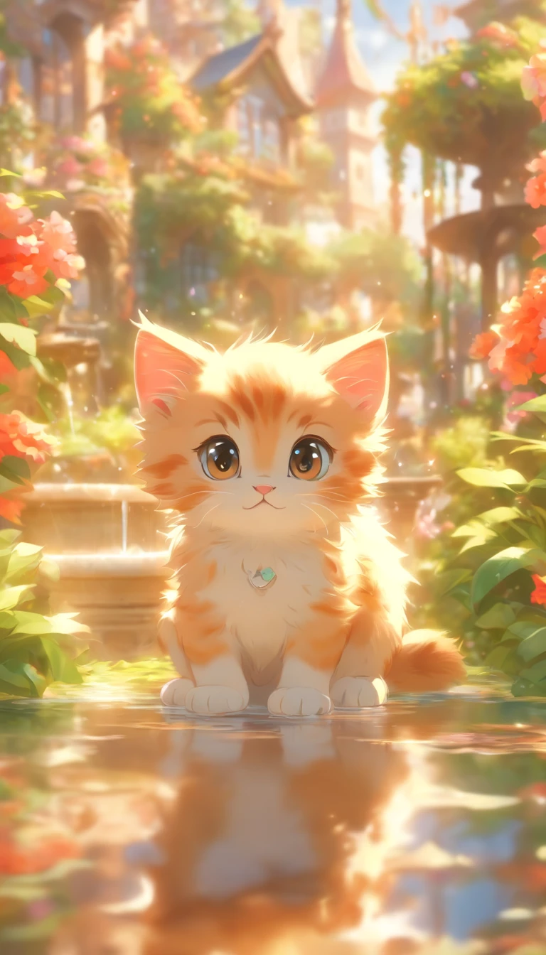 a round-eyed cute kitten, Garden fountain, , Distant houses, mirror effect