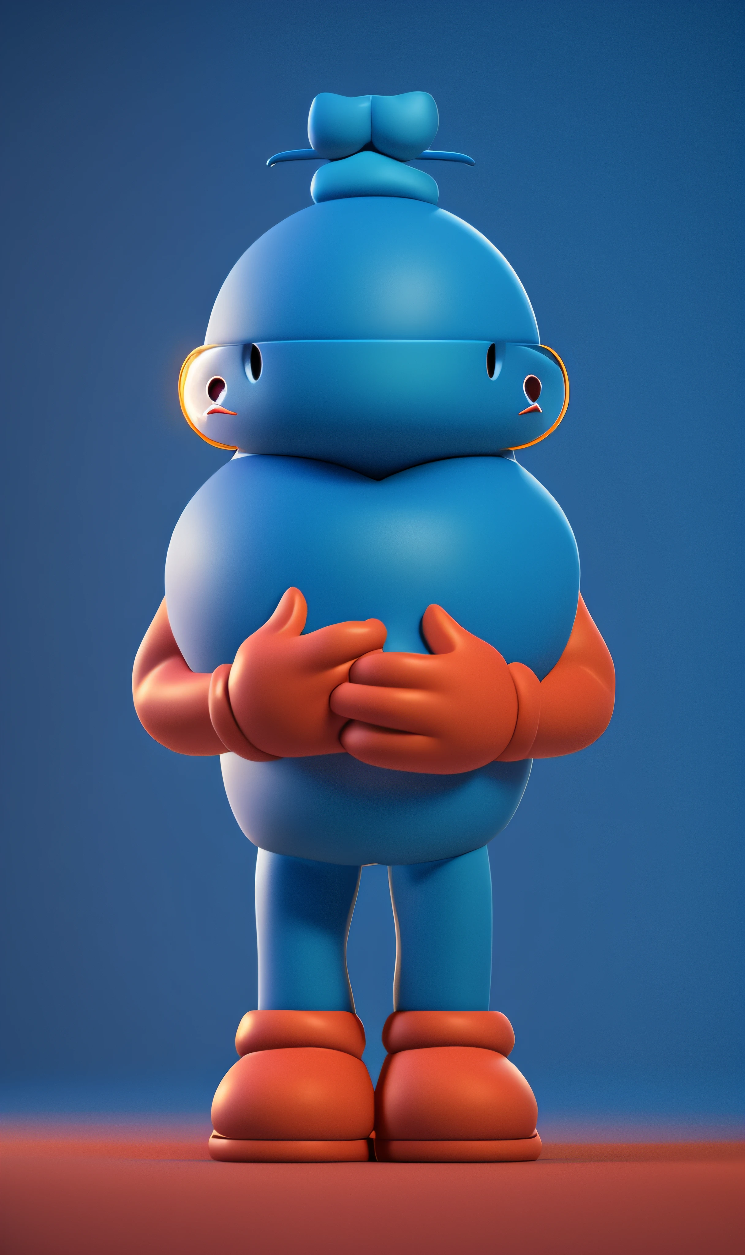 Pixar character holding a heart on his chest, character is standing,full body mascot, 4 fingers, blue arm, Blue body, Blue hat, Animated characters, stylized characters, Animation-style rendering, 3D stylization, arnold maya render, stylized 3d render, Cartoon rendering key shots, 3d character, 3d character, stylized 3d render, 3D character rendering, cartoon character, Close-up characters, Character pose, (pixar-style) (The main part:1.2) (bokeh) (Best quality at best) (delicate skin) (Detailed texture) (8K) (clay) (电影灯光) (sharp focus information)