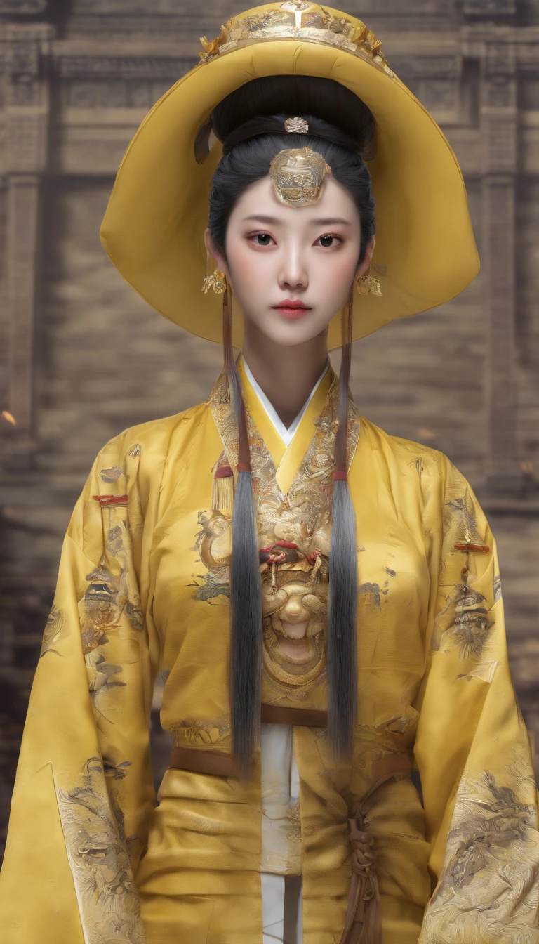 Old Man of the East,Frontal portrait of ancient Chinese figures(Portrait of Confucius 1.0),(bust 1.5),Audience visual inspection(facing at the camera),White haired man,hair-bun,no headwear,hair tying up。yellow clothing。solid color backdrop(Drawing paper texture 1.5)。真实感。hyper HD, retinas, tmasterpiece, Acura, Anatomically correct, Award-Awarded, high high quality, high detal, super detailing, ctextured skin, Best quality, A high resolution,k hd, 4K, 8K, 16k。