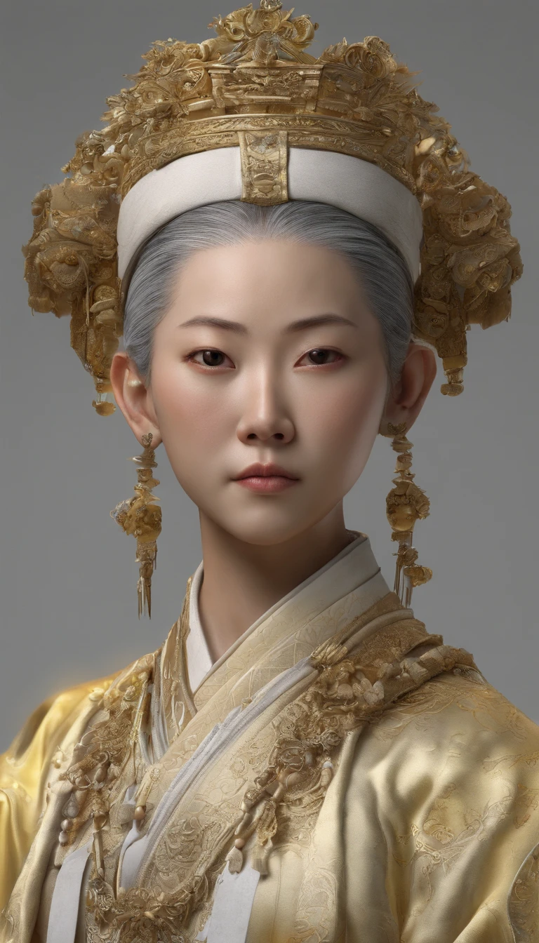 Old Man of the East,Frontal portrait of ancient Chinese figures(Portrait of Confucius 1.0),(bust 1.5),Audience visual inspection(facing at the camera),White haired man,hair-bun,no headwear,hair tying up。yellow clothing。solid color backdrop(Drawing paper texture 1.5)。真实感。hyper HD, retinas, tmasterpiece, Acura, Anatomically correct, Award-Awarded, high high quality, high detal, super detailing, ctextured skin, Best quality, A high resolution,k hd, 4K, 8K, 16k。