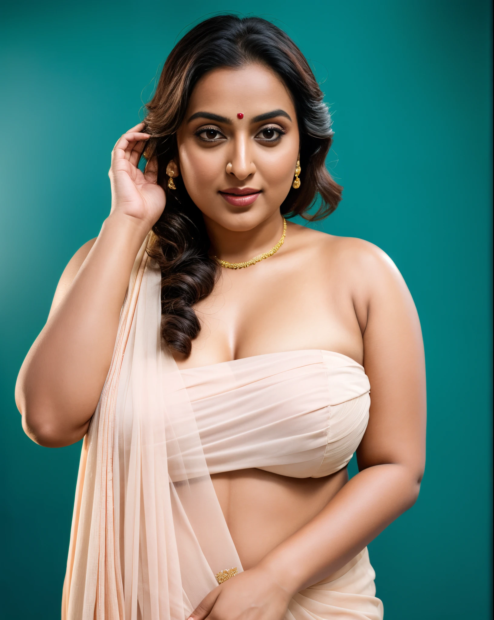 Foto RAW, photorealistic, photography, full body shot, master shot, goddess like beauty, perfect thick chubby mallu Desi aunty bhabhi, Wearing a Stanapatta, a chest-band.Saree model, model Photography, Indian saree shoot, Indian traditional wear advertising photography, traditional wear brand shoot, face of Indian actress Sonakshi Sinha, masterpiece, realistic, realism, incredible details, sensual pleasure, photorealism, detailed skin, skin pores, high contrast, photorealistic Artstation 8k HD digital art trend of high definition and detailed realistic skin texture, ultra detail, realistic skin texture, armature, best quality, ultra high definition, (photorealistic:1.4),, high resolution, detail, raw photo, Re sharp, by Lee Jefferies Nikon D850 Film Stock Photo 4 Kodak Portra 400 Camera F1.6 Lens Rich Color Ultra Real Realistic Realistic Textures Dramatic Lighting Unreal Engine Trending at Art Station Cinestill 800,(pele altamente detalhada: 1.2), 8k UHD, DSLR, soft-lighting, alta qualidade, grain of film, Fujifilm XT3,she didn't like to wear blouse or bra, she is happy to wear only saree, she hates blouse or bra,