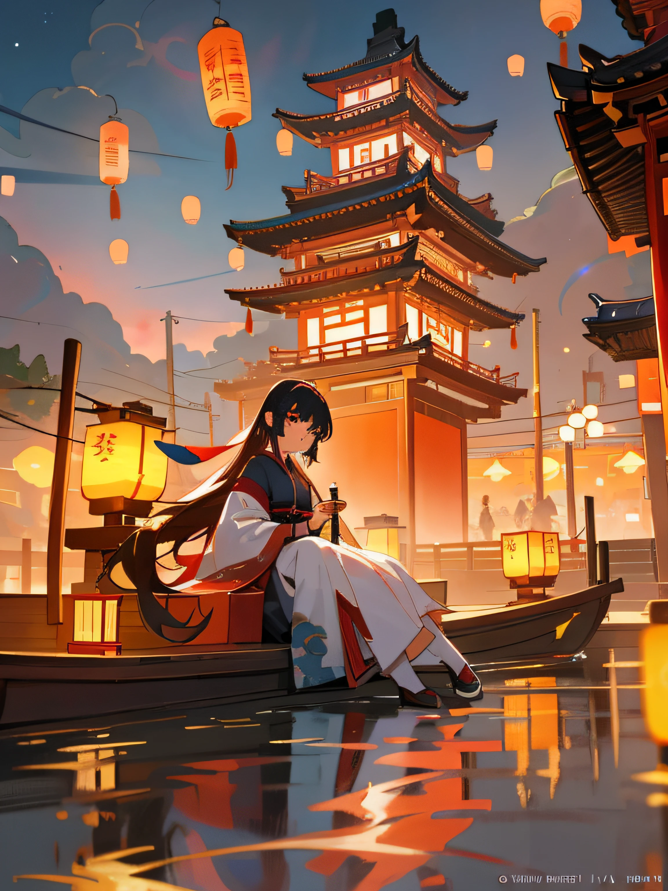 Anime girl sitting on a boat in the water，There are lanterns floating everywhere, Anime beautiful peaceful scene, Japan Art Style, ross tran. scenery background, beautiful anime scenes, author：heroes, First God, Anime art wallpaper 4k, Anime art wallpaper 4k, Japanese anime fantasy illustrations, beautiful anime artwork, Anime art wallpaper 8 K, anime backgrounds, Anime fantasy art piece with lanterns floating around it, Anime beautiful peaceful scene, Japan Art Style, ross tran. scenery background, beautiful anime scenes, author：heroes, First God, Anime art wallpaper 4k, Anime art wallpaper 4k, Japanese anime fantasy illustrations, beautiful anime artwork, Anime art wallpaper 8 K, anime backgrounds, anime fantasy artwork guweiz style artwork, palace ， A girl in Hanfu, guweiz, Alphonse Mucha and Rose Drews, author：heroes, Belle peinture de personnage, Popular topics on cgstation, Guys, guweiz on pixiv artstation, Anime girl sitting on a ledge in front of a big lantern, girl under lantern, guweiz, Hanayama Minamata, Guviz style artwork, 🌺 Computer Graphics Association, A masterpiece by Guwitz, anime lighting, Shen Haicheng, rossdraws global illumination, Artgerm and Atey Ghailan, by Shitao, Glow-in-the-dark photos of Chinese temples in video games, Dream Chinatown, Lanterns at night, floating chinese lampoons, Rosla global lighting, ross tran. scenery background, lanterns, Chinese Dreamland, 🌺 Computer Graphics Association, inspired by Andreas Rocha, [ CG social dynamics ]!!, author：heroes, Inspired by Liam Wong, author：Shitao Mid-Autumn Festival，Moon cake， Auspicious clouds, Red lanterns, Exquisite ancient Chinese architecture, , Ribbon vector line drawing, Yellow、Red and dark blue tones, abstract pictures, ultra-realistic realism, Clear background trends, Clear contour light, rim-light, like a dream, Dappled light, flatillustration,Disney  style, 8K, --with 9:16 --q 2 --two two 5