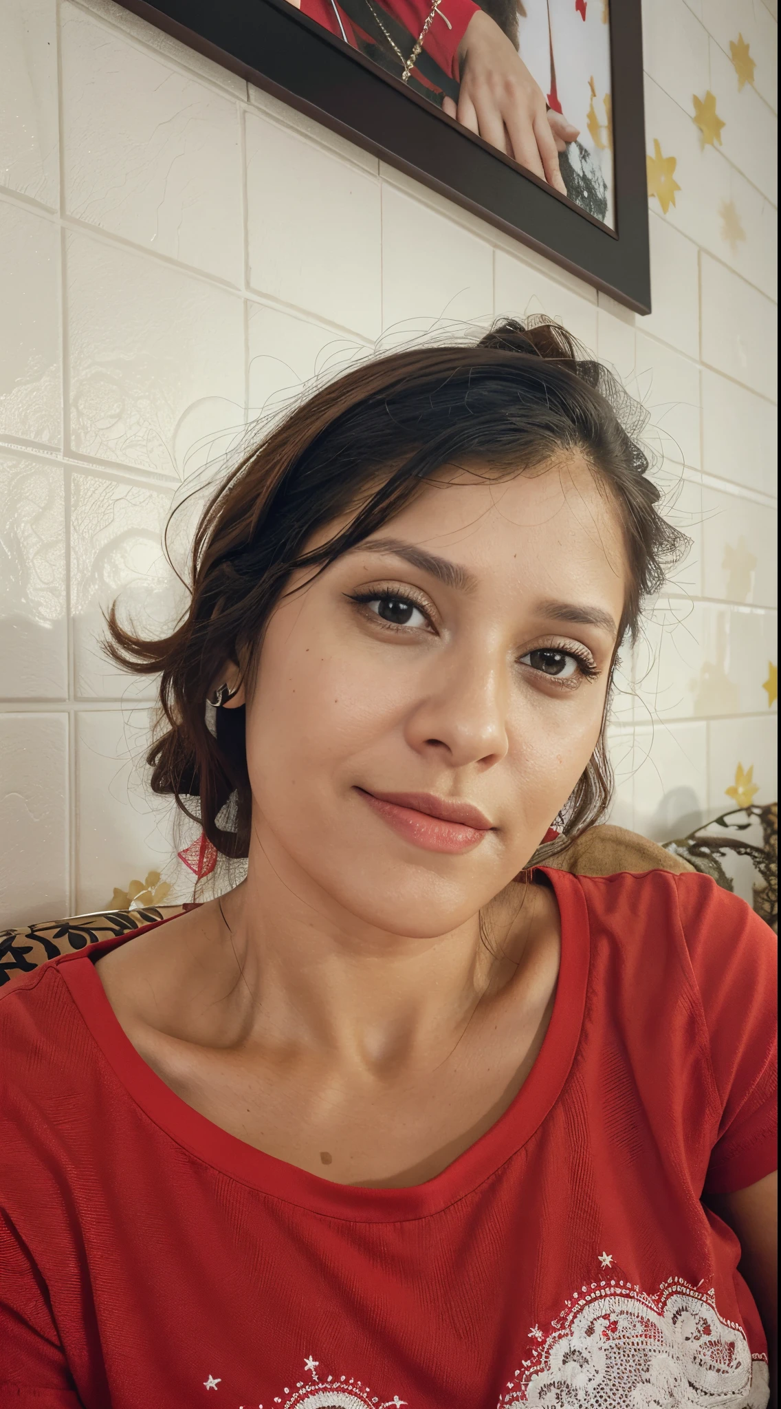 There is a woman sitting wearing a red shirt, Directed by: Nandor Soldier, imagem de perfil, fernanda suarez, Alanis Guillen, Anos Imane, Foto realista, coluna, Monserrat Gudiol, 3 5 year brazilian mother, Magda Torres Gurza, icaro carvalho, Lorena Avarez