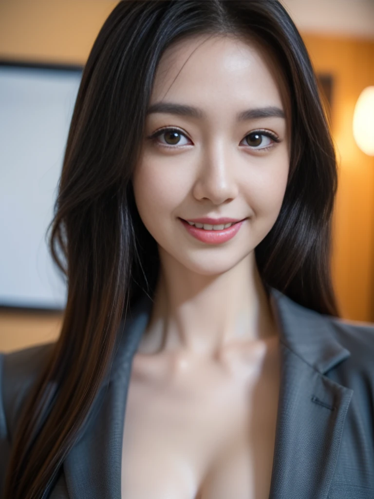 tmasterpiece，Highest image quality，super detailing，wholesome，Happy，cheerfulness，Enchanted smile， The beautiful, amazing face and eyes, (extremely detailed beautiful face), (The sexiest look), deep understanding，Naked of breast，(Best quality:1.4), (ultra - detailed), (extremely detaild的 CG unified 8k wallpapers), The content is very detailed, RAW photos, professional photoshooting, ((buisness suit)), (Open business shirt), Indoor and below, (Office room, Dark Night Classroom, 电影灯光）, (nigh sky), depth of fields,（NSFW：1.6），epic，