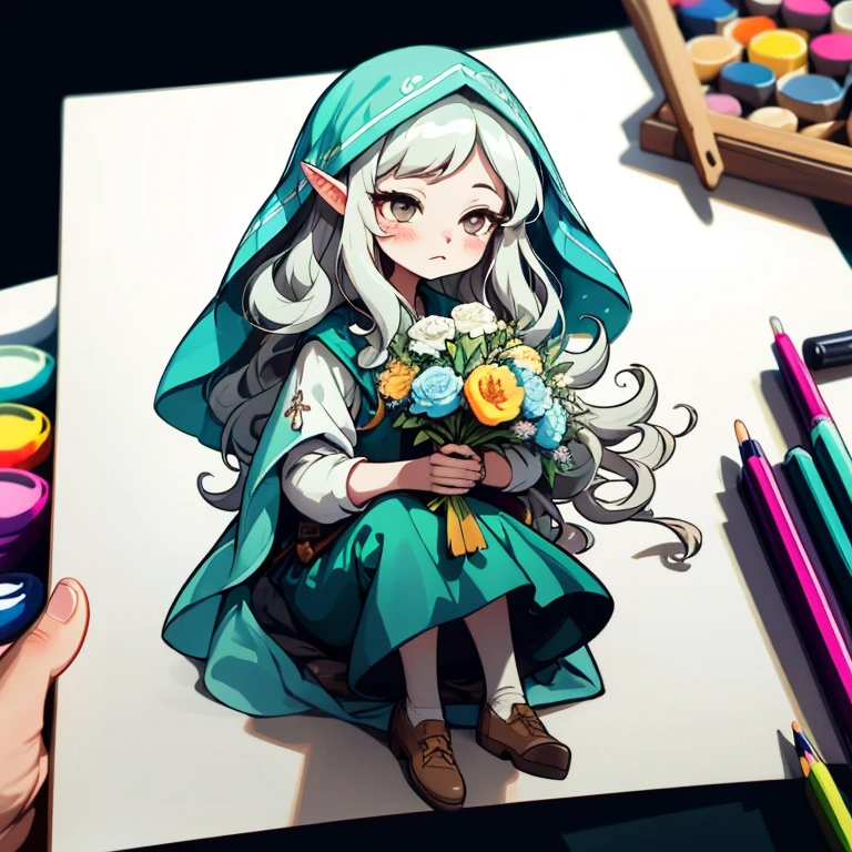 1 sticker, handbook, (Sticker, 1 girl, Medieval heavy dress, luna. veil, bouquet, Separating elements), watercolour, whitebackground, Simple background, minimal, Cute, tiny, Color: pastel colours, vector style, No gradient, pale skinned man,short волосы, wawy hair, Druid, half-elf ,Green clothes,illustartion,Realistic,Harmonious colours,natural lighting, white colored hair, curly hair