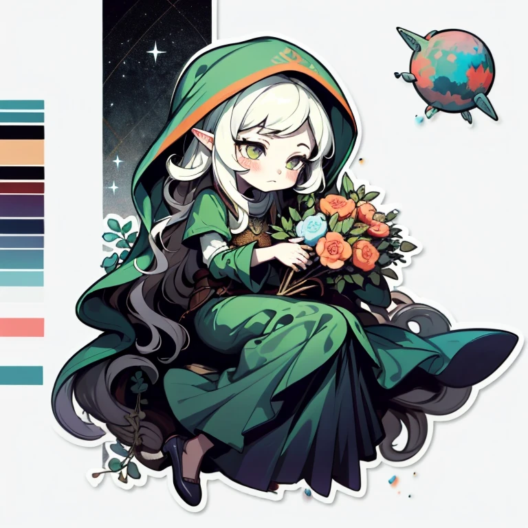 1 sticker, handbook, (Sticker, 1 girl, Medieval heavy dress, luna. veil, bouquet, Separating elements), watercolour, whitebackground, Simple background, minimal, Cute, tiny, Color: pastel colours, vector style, No gradient, pale skinned man,short волосы, wawy hair, Druid, half-elf ,Green clothes,illustartion,Realistic,Harmonious colours,natural lighting, white colored hair, curly hair