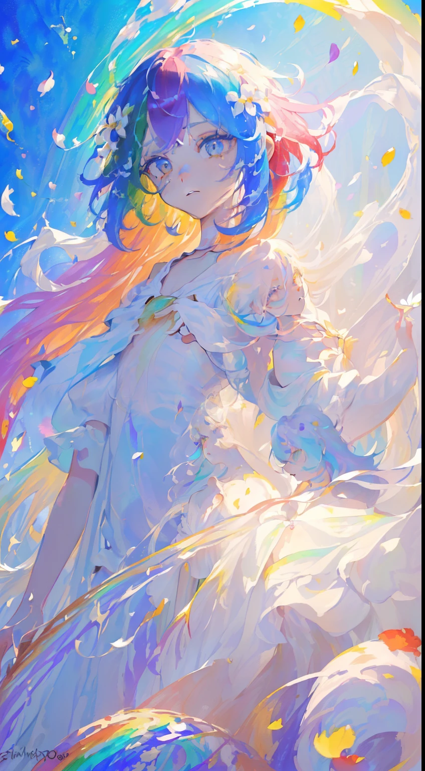 (colored hair: 1.8), (all the colors of the rainbow: 1.8),(((((vertical painting:1.6))), (Painting:1.6),front, Comics, illustrations, Painting, big eyes , crystal clear eyes,(Rainbow Color Gradient High Ponytail:1.7), exquisite makeup, closed mouth,(Small fresh: 1.5),(Clear chest: 1.6) ,long eyelashes, off-the-shoulder white t-shirt, off-the-shoulder white shirt, look at the audience, big watery eyes, (Rainbow colored hair:1.6), splashes of color, (alone:1.8), splashes of color, Color Explosion, thick painting style, messy lines, ((splendid)) ,(colorful), (colorful), (colorful), colorful, thick painting style, (splatter) (color splashes), vertical painting, upper body, paint splashes, acrylic pigment, gradient, paint, more high image quality, Very high quality, masutepiece, alone, depth of field, face painting, colorful clothes, (elegant: 1.2), very beautiful, long hair, wind, (elegant: 1.3), (flower petals: 1.4),( ((masutepiece))),(((best quality))),((ultra-detailed)),(illustration),(dynamic angle),((floating)),(paint),((disheveled hair)) ,(alone),(1girl in) , (((Detailed animated face))),((beautiful detailed face)),necklace,bare shoulders,white hair,((colored hair)),((striated hair)), beautiful detailed eyes,(gradient color eyes),(((colorful eyes))),(((colorful background))),(((high color saturation))),(((surrounded by colorful splashes))) ,