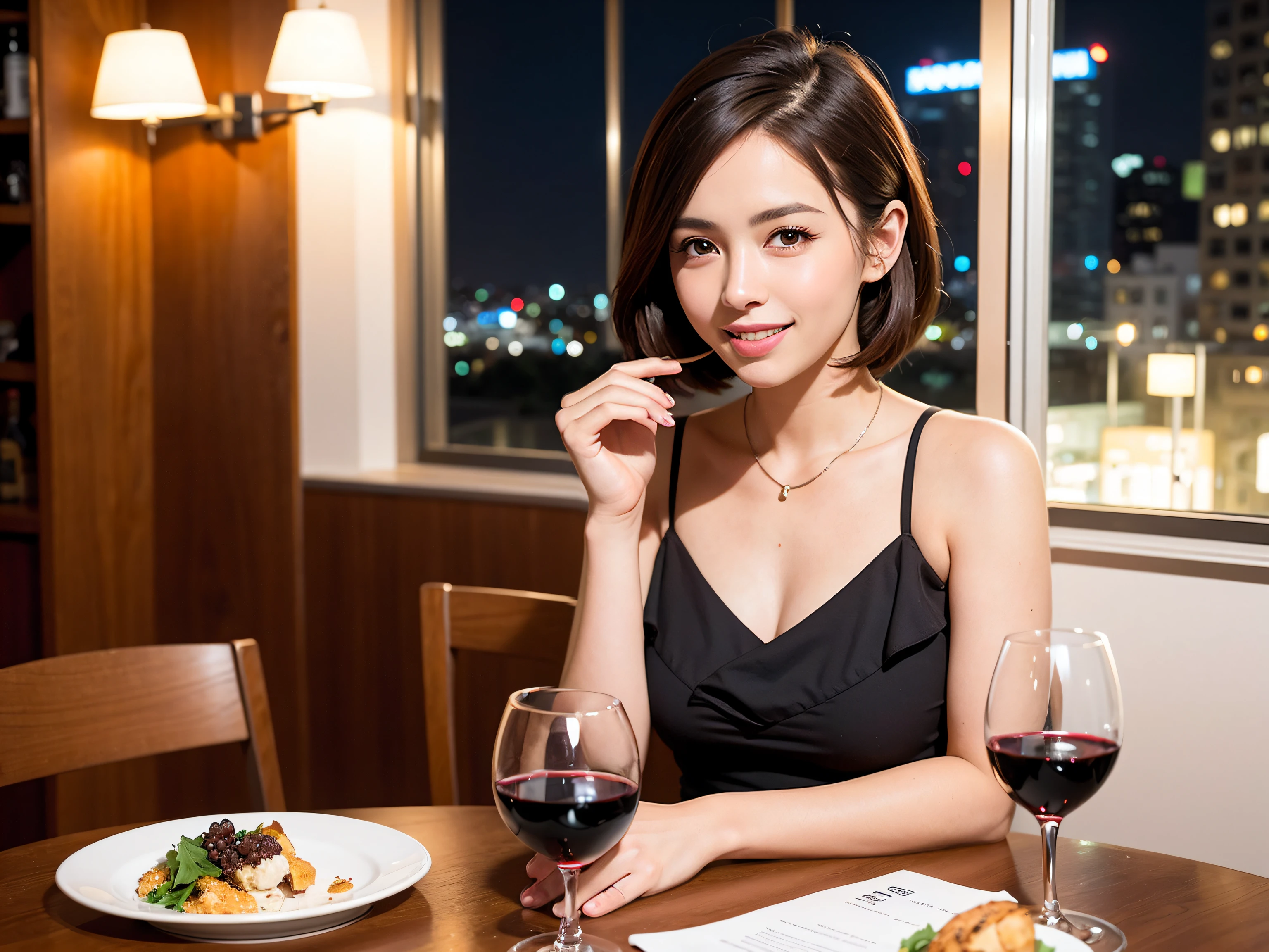 (64K, UHD, top quality, masterpiece: 1.2), (realistic, photorealistic: 1.37), super detailed, pretty woman 1, (slim face), (slim body), (brown hair), (short cut), cheeks slightly blushing, (40 years old), 38 years old, solo, beautiful detailed urban night view outside the window, restaurant, wine glass sitting, at night, in a prominent place (from the waist up) NovaFrogStyle, Actress, Model, Waist Up, White Wine, Slim, Wine Glass, Super Clean Night View, Wine Glass Put in the Middle, Happy Smile, (Smile: 1.15), Beautiful Fine Eyes, Upper Body, Bust Japan Up, Night, Short, Short, Actress, Model, Waist Up, White Wine, Slim, Wine Glass, Super Clean Night View, Wine Glass Put in the Middle, Happy Smile,