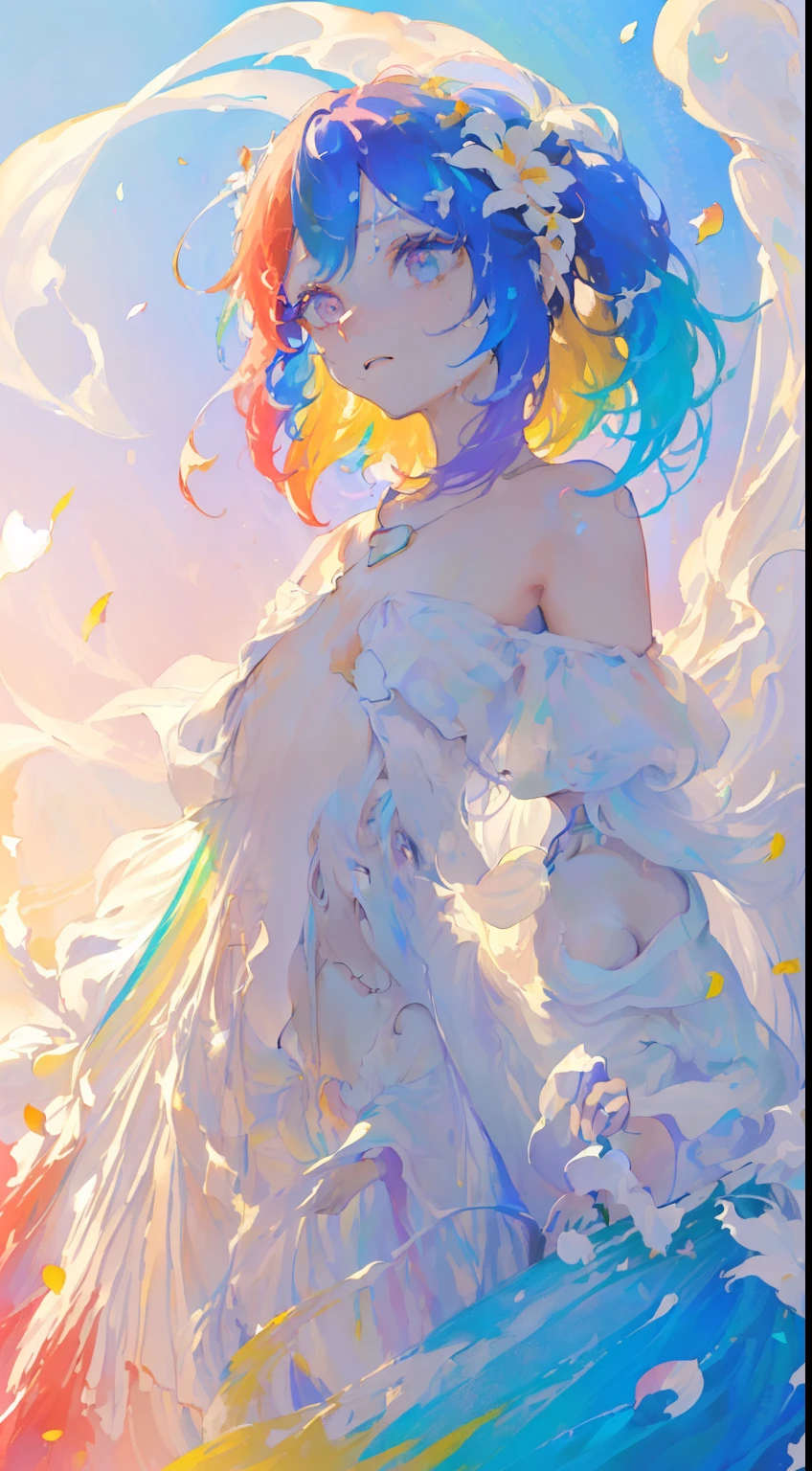 (colored hair: 1.8), (all the colors of the rainbow: 1.8),(((((vertical painting：1.6))), （Painting：1.6），front, Comics, illustrations, Painting, big eyes , crystal clear eyes,（Rainbow Color Gradient High Ponytail：1.7）, exquisite makeup, closed mouth,(Small fresh: 1.5),(Clear chest: 1.6) ，long eyelashes, off-the-shoulder white t-shirt, off-the-shoulder white shirt， look at the audience, big watery eyes, (Rainbow colored hair：1.6), splashes of color, （alone：1.8）, splashes of color, Color Explosion, thick painting style, messy lines, ((splendid)) ，(colorful), (colorful), (colorful), colorful, thick painting style, (splatter) (color splashes), vertical painting, upper body, paint splashes, acrylic pigment, gradient, paint, more high image quality, Very high quality, masutepiece, alone, depth of field, face painting, colorful clothes, (elegant: 1.2), very beautiful, long hair, wind, (elegant: 1.3), (flower petals: 1.4)，( ((masutepiece))),(((best quality))),((ultra-detailed)),(illustration),(dynamic angle),((floating)),(paint),((disheveled hair)) ,(alone),(1girl in) , (((Detailed animated face))),((beautiful detailed face)),necklace,bare shoulders,white hair,((colored hair)),((striated hair)), beautiful detailed eyes,(gradient color eyes),(((colorful eyes))),(((colorful background))),(((high color saturation))),(((surrounded by colorful splashes))) ,