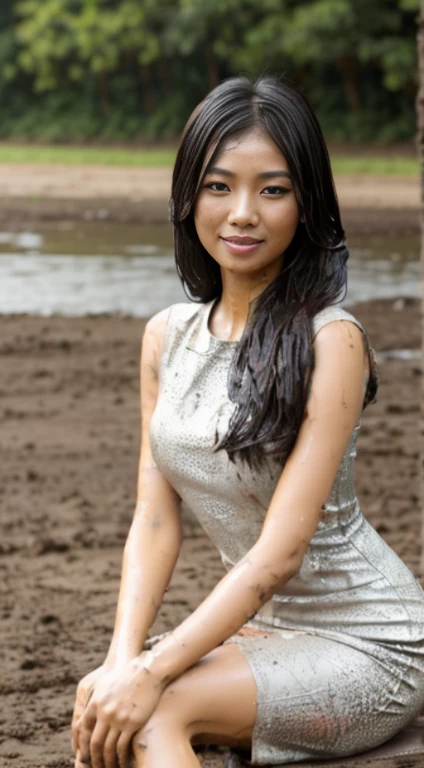 slender woman, gorgeous Asian face, wearing textured pencil dress, [lovely smile], [sitting], ((soaked)), ((mud fight)), ((messy mud stains)), ((smeared with mud)), (covered with mud), (covered in mud), covered in dirt, covered in filth, utterly muddied, muddy, sticky mud stains, (((smeared with thick black liquid mud))), wet mud, gooey mud, dark mud, (((mud splatters))), (doused with mud), (drenched with mud)