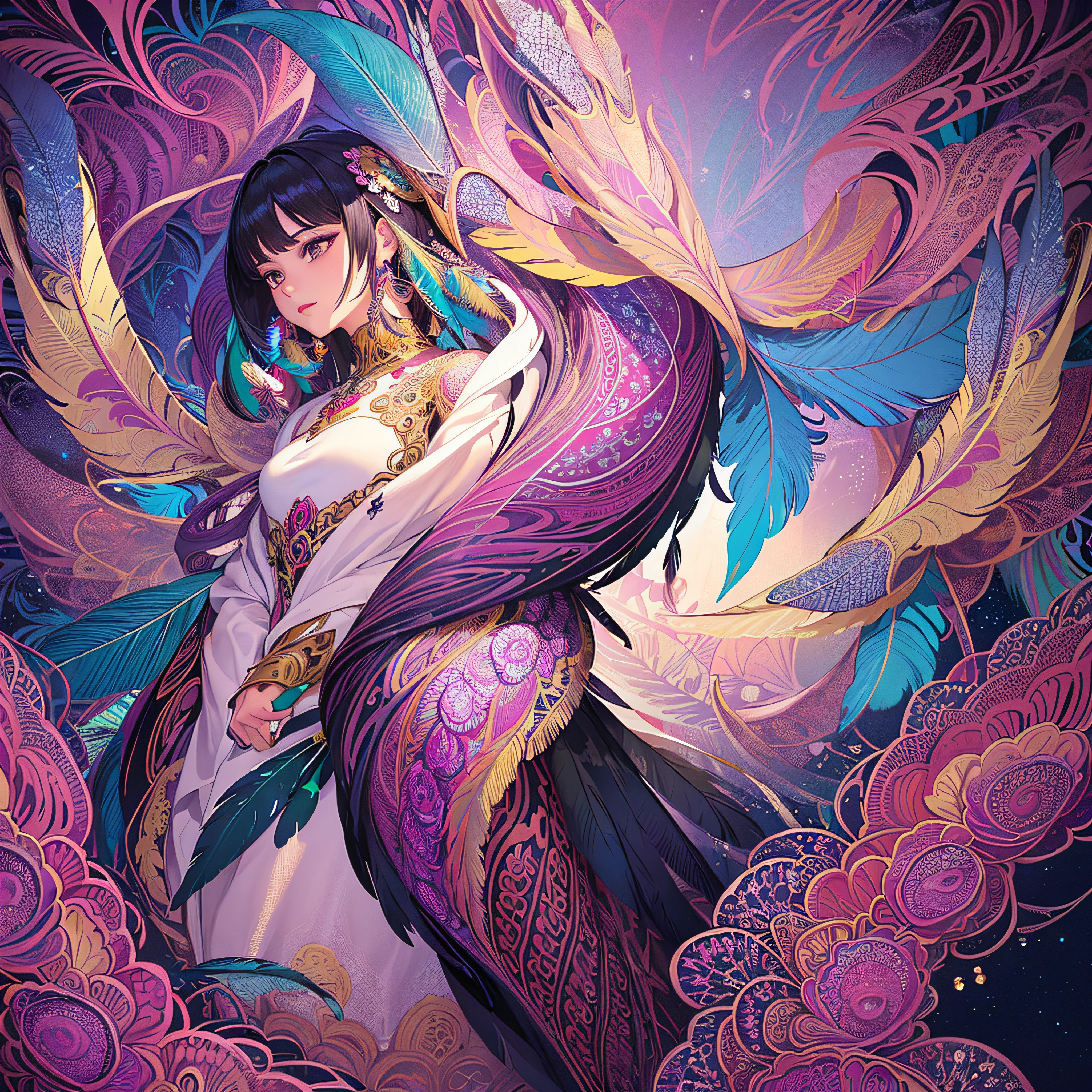 (masterpiece, top quality, best quality, official art, beautiful and aesthetic:1.2), (1girl:1.3), extremely detailed,(fractal art:1.1),(colorful:1.1)(flowers:1.3),highest detailed,(zentangle:1.2), full body, (abstract background:1.3), (shiny skin), (many colors:1.4), ,(earrings), (feathers:1.5),