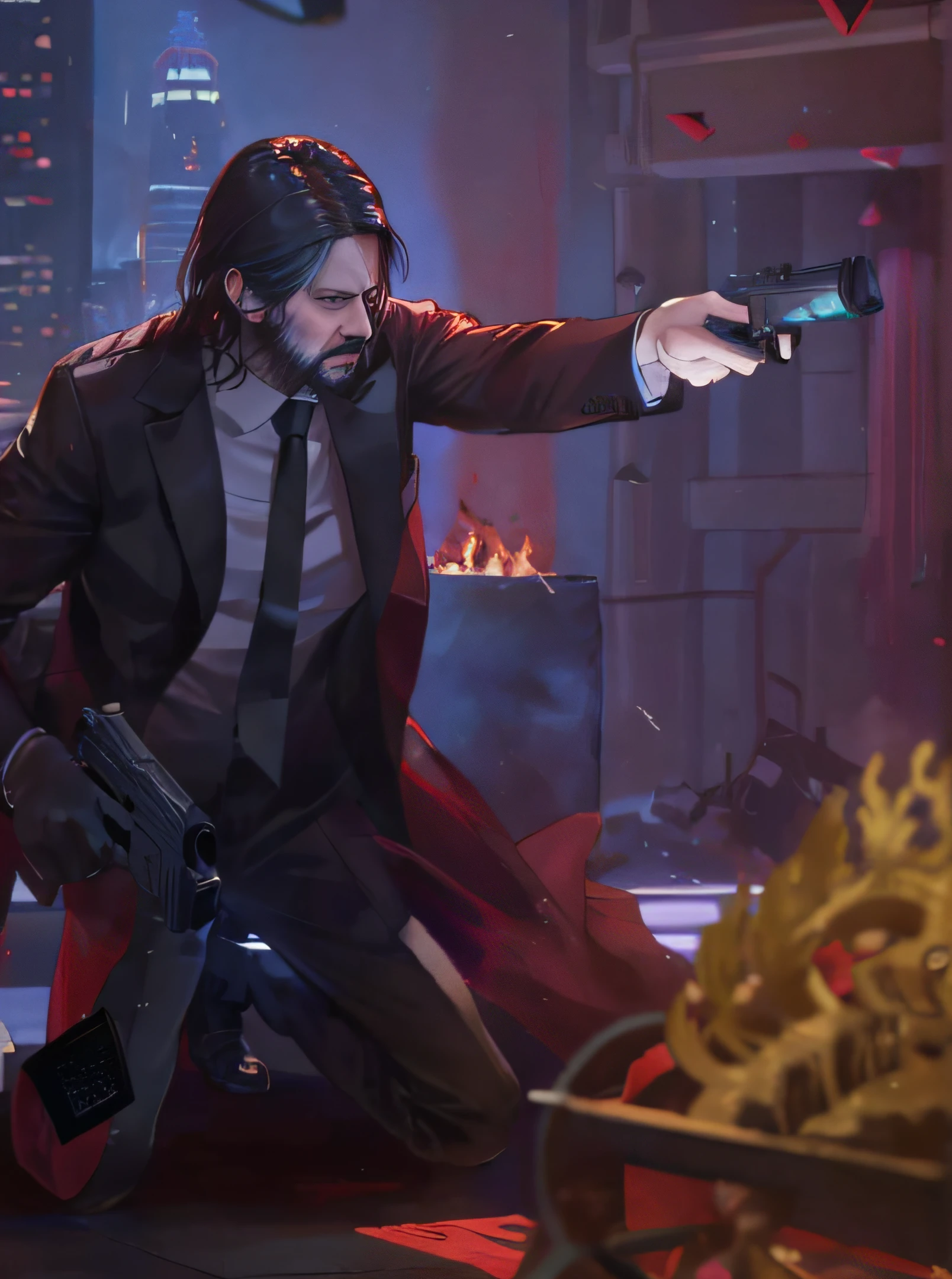 In a dimly lit room，dressed in a suit，Man kneeling and shooting，From the new John Wick movie, John Wick, Red Fox, cinematic action shot, portrait of john wick, dramatic cinematic action shot, Promotion is still in progress, february), Movie action stills, # 电影灯光, dramatic action shot, action scene, action  shot，Hand detail，tmasterpiece，4K，k hd，