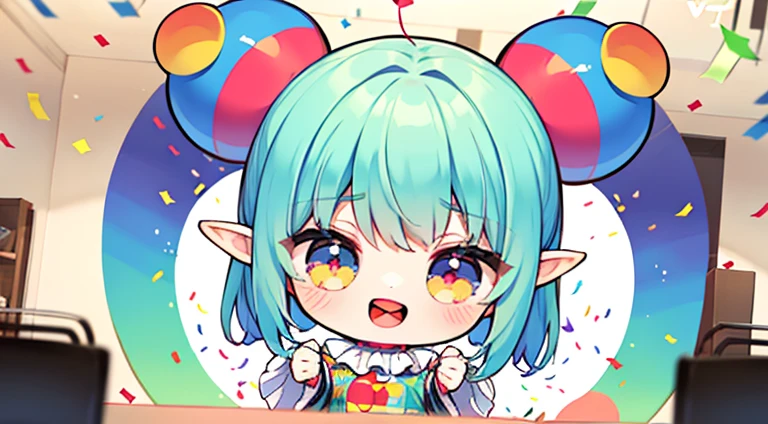 (((chibi))) Poster,((((Chibi clown dancing)))) (((((confetti))))), vector style, No gradient, pale skinned man,short волосы, wawy hair, Druid, half-elf ,Green clothes,illustartion,Realistic,Harmonious colours,natural lighting, white colored hair, curly hair