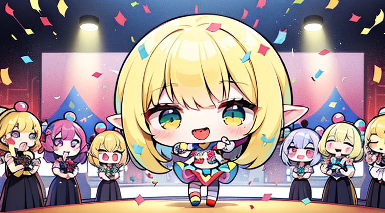 (((chibi))) Poster,((((Chibi clown dancing)))) (((((confetti))))), vector style, No gradient, pale skinned man,short волосы, wawy hair, Druid, half-elf ,Green clothes,illustartion,Realistic,Harmonious colours,natural lighting, white colored hair, curly hair