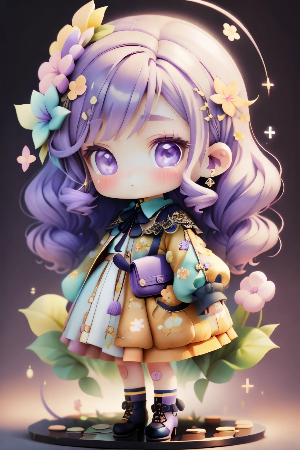 girl with, Chibi、amber, , medium pastel violet, luxury fabrics, dithering, Far-reaching,Lucki Violet at Viewer